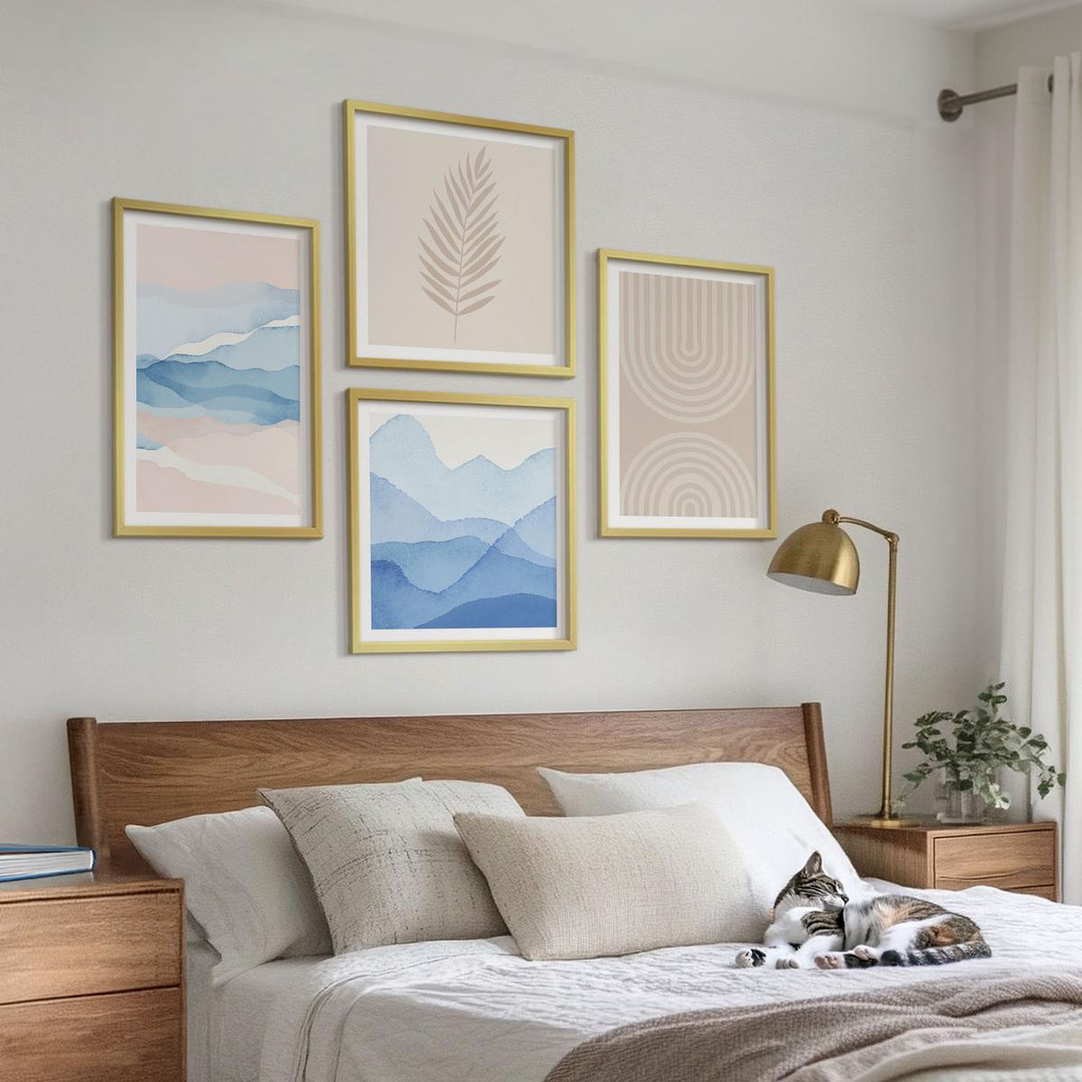 BILDER SET 4er Set - 50x50 cm & 40x60 cm Goldrahmen - Blätterwellen beige blau - Goldfarben, Kunststoff (50/50cm) - TULUP