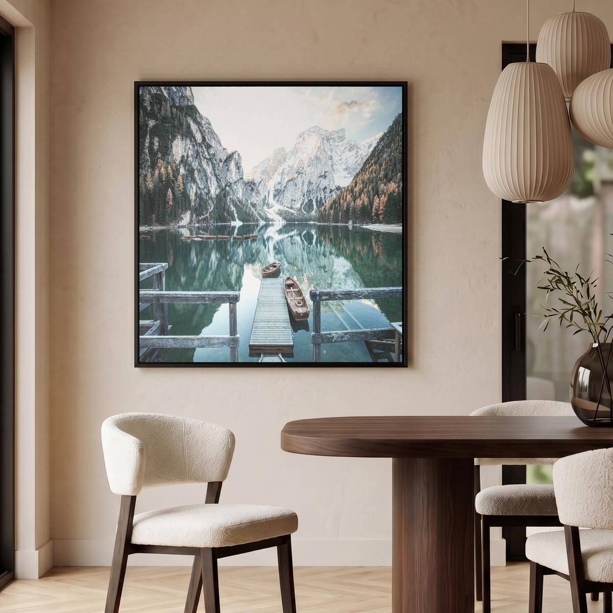 LEINWAND Bilder mit Rahmen - Natur - Berge - Schnee - Wald - Boot - 90x90 - Hellgrün, Textil (90/90cm) - MuchoWow