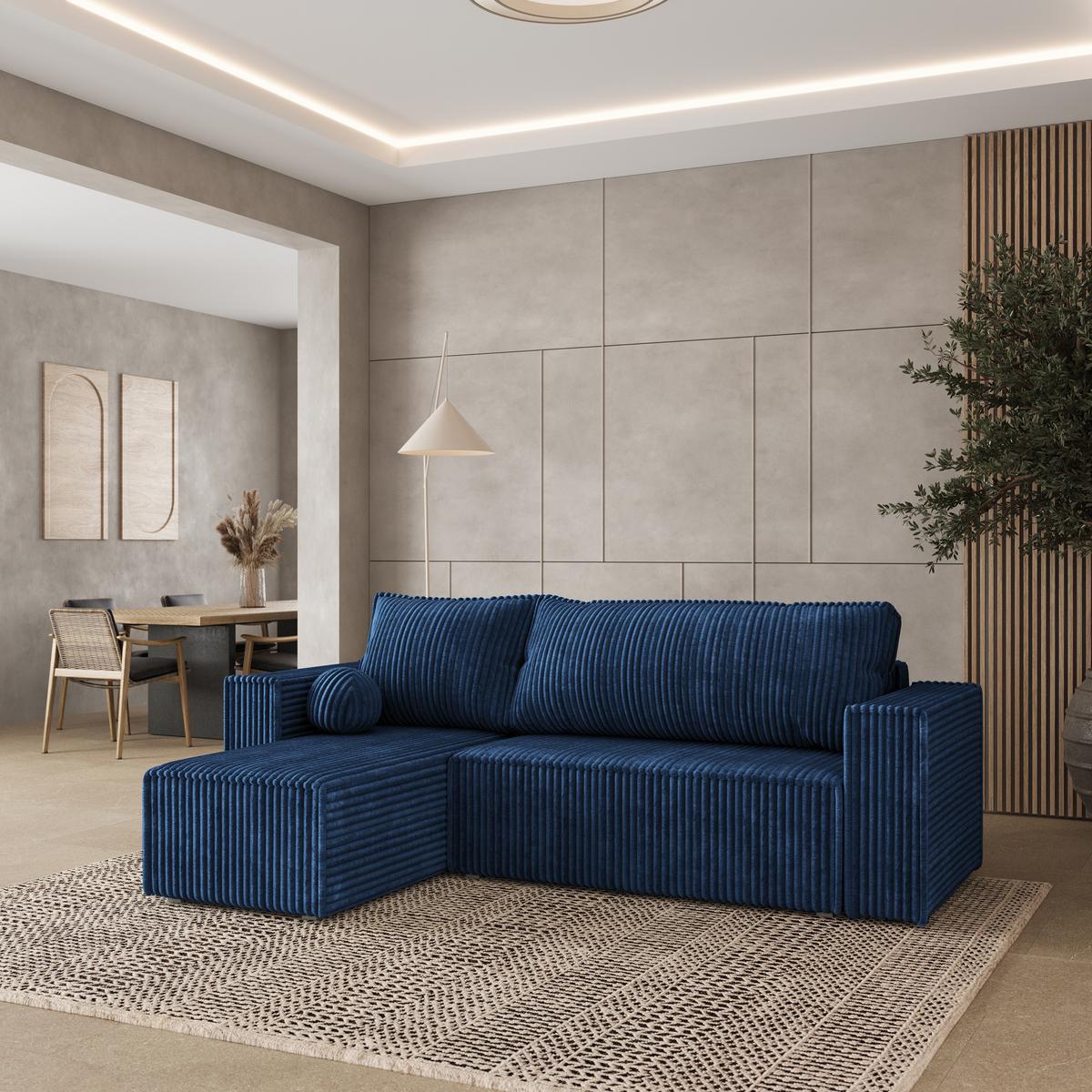 ECKSOFA RAVELO T Blau Kordstoff mit Schlaffunktion - Blau/Grau, Holz/Kunststoff (240/140cm) - MASSENO