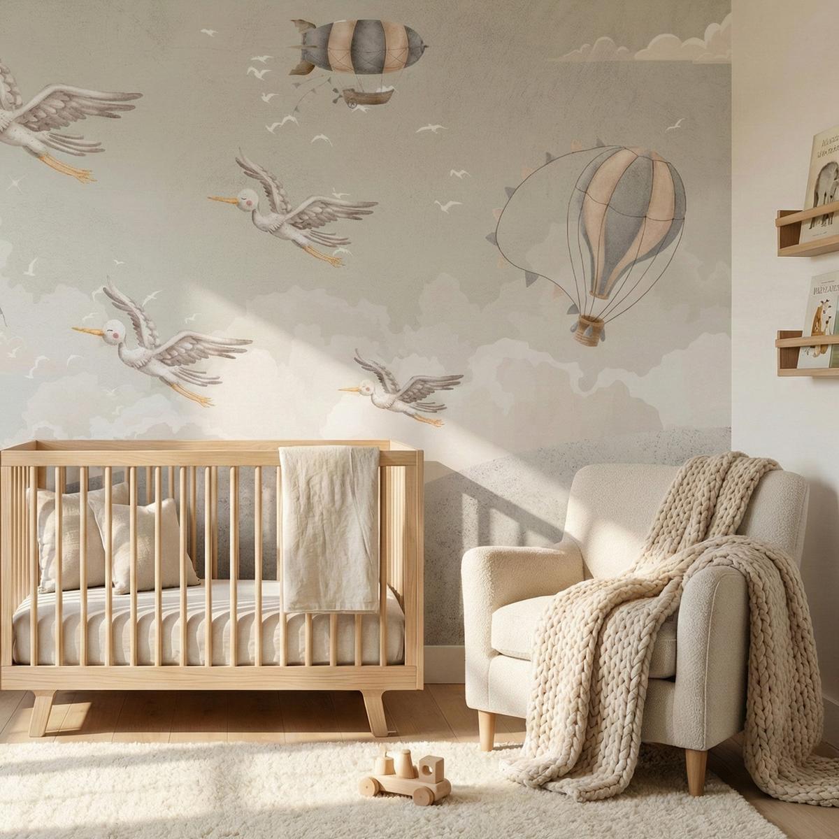 FOTOTAPETE für Kinderzimmer Boho Störche Aquarell Balon Luftschiff Himmel 300x210 - Beige/Weiß, Papier (300/210cm) - Muralo
