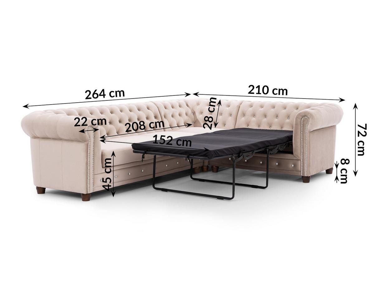 ECKSOFA mit Schlaffunktion Chesterfield Cleo Blink Beige Samt mit Kristallsteppung und braunen Massivholzfüßen - Ottomane Rechts - Beige/Braun, Holz/Textil (264/210cm) - S-Style Möbel