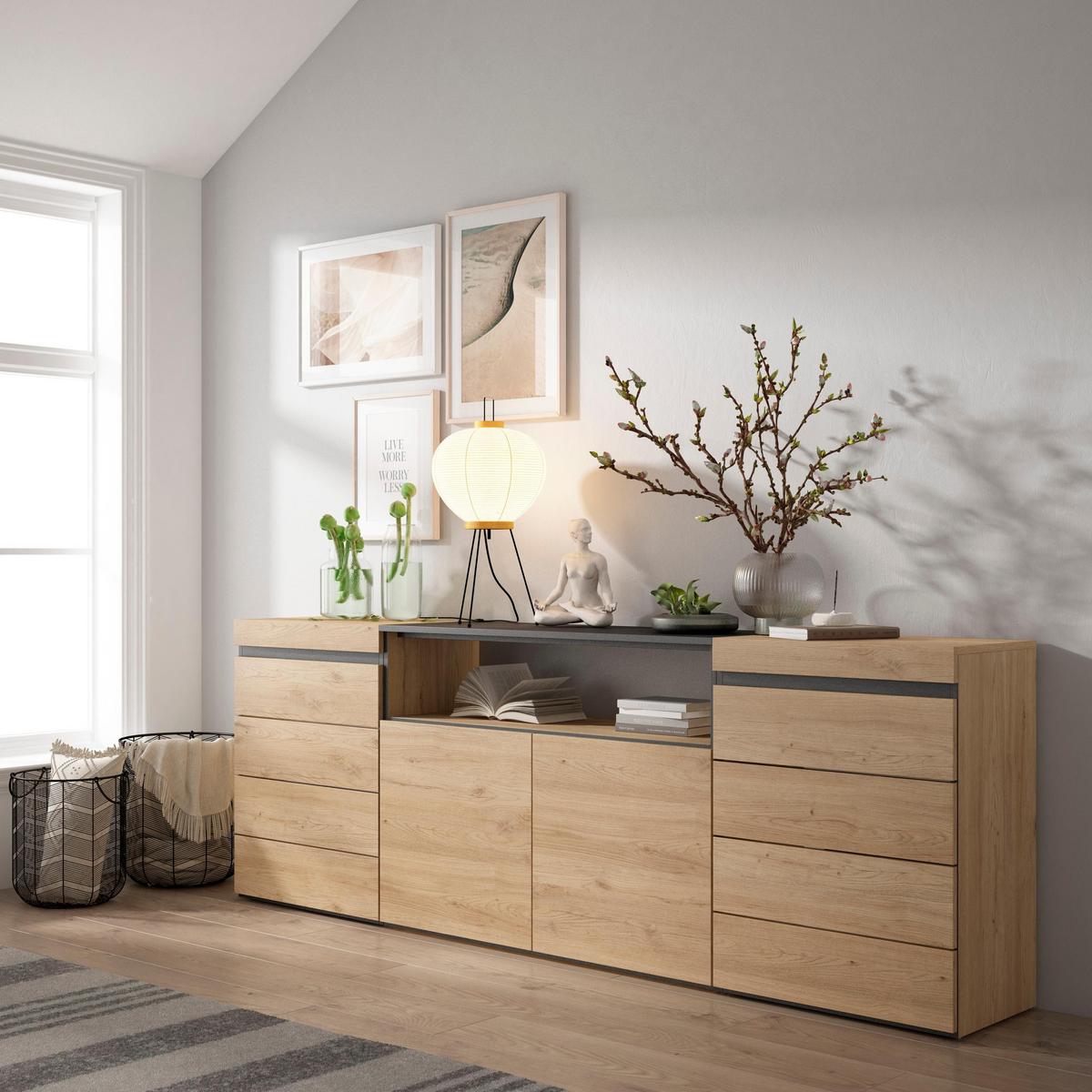KOMMODE mit Schubladen, Sideboard Schrank, eiche, 214/35/75cm - Eichefarben/Beige, Holzwerkstoff (214/75/35cm) - Skraut Home