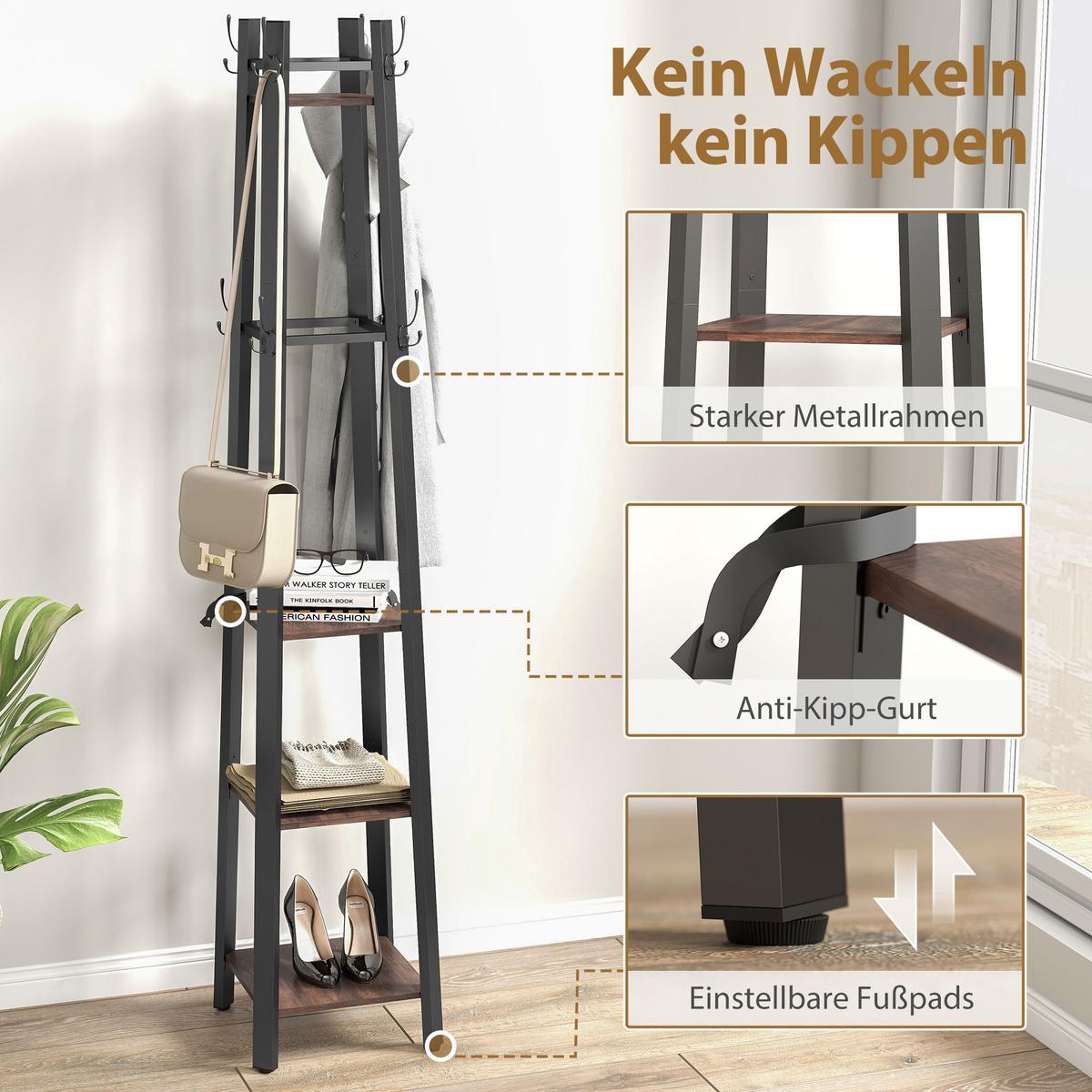 GARDEROBENSTÄNDER, Kleiderständer mit 4 Ablagen und 8 Haken im Industrie-Stil - Schwarz/Braun, Holzwerkstoff/Metall (34.8/179/34.8cm) - HOMCOM