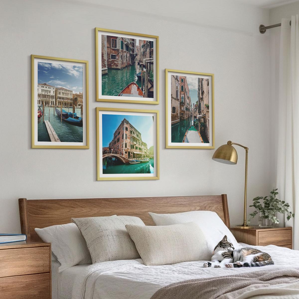 BILDER SET 4er Set - 50x50 cm & 40x60 cm Goldrahmen - Architektur der Kanäle von Venedig - Goldfarben, Kunststoff (50/50cm) - TULUP