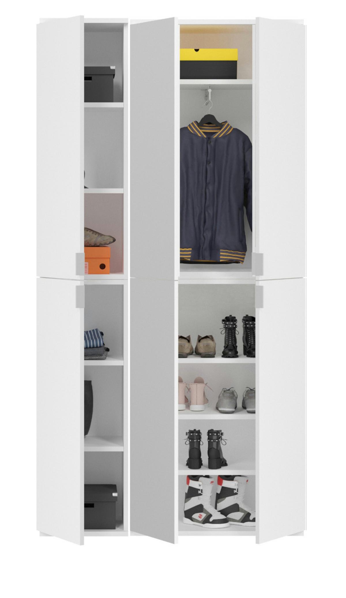 SCHUHSCHRANK weiß Hochglanz 91 x 193 cm, Garderobenschrank 6 Türen, 15 Fächer - Weiß Hochglanz/Silberfarben, Holzwerkstoff/Kunststoff (91/193/34cm) - Inn.Furn