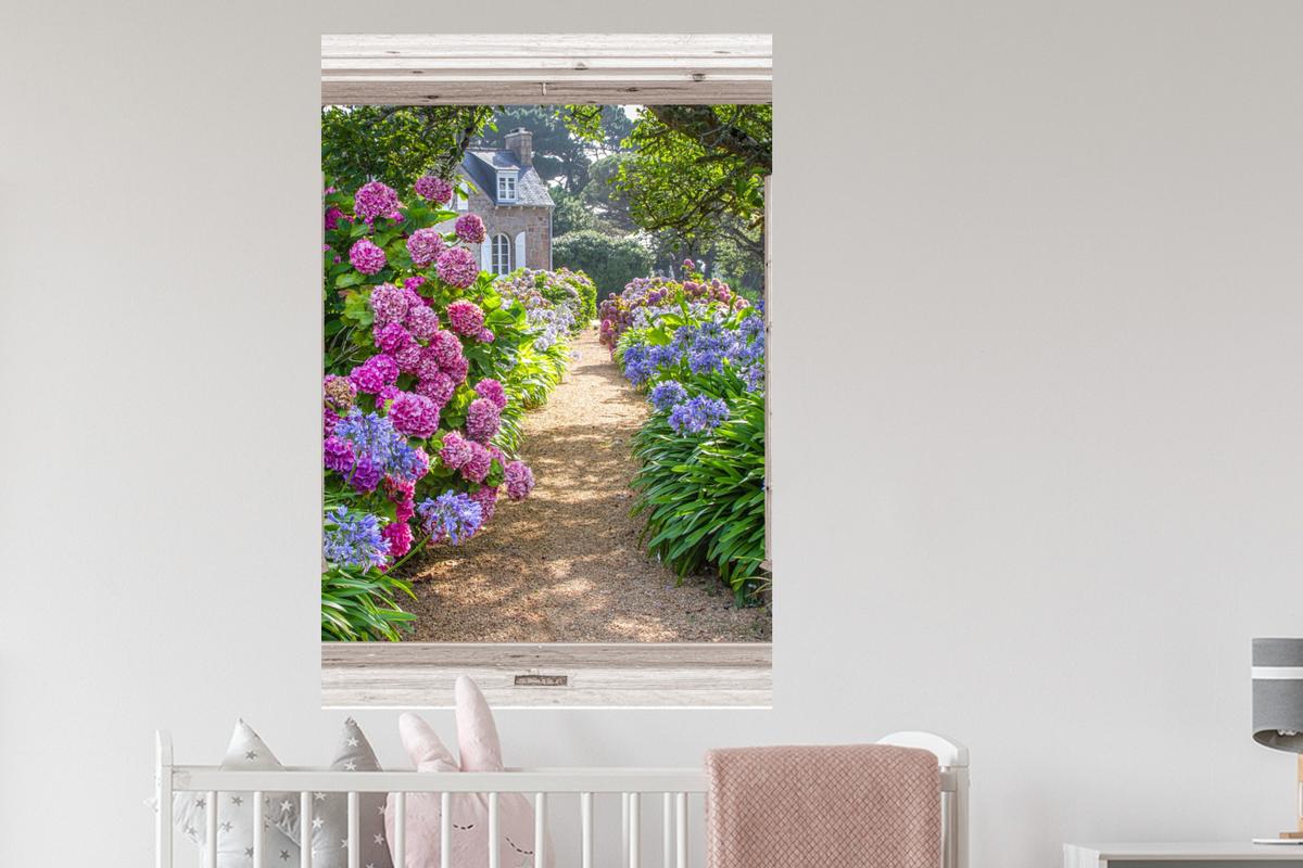 WANDTATTOO Hortensie - Durchsichtig - Blumen - Sommer - Lila - Weg Wandaufkleber 80x120 cm - Lila, Kunststoff (80/120/0.1cm) - MuchoWow