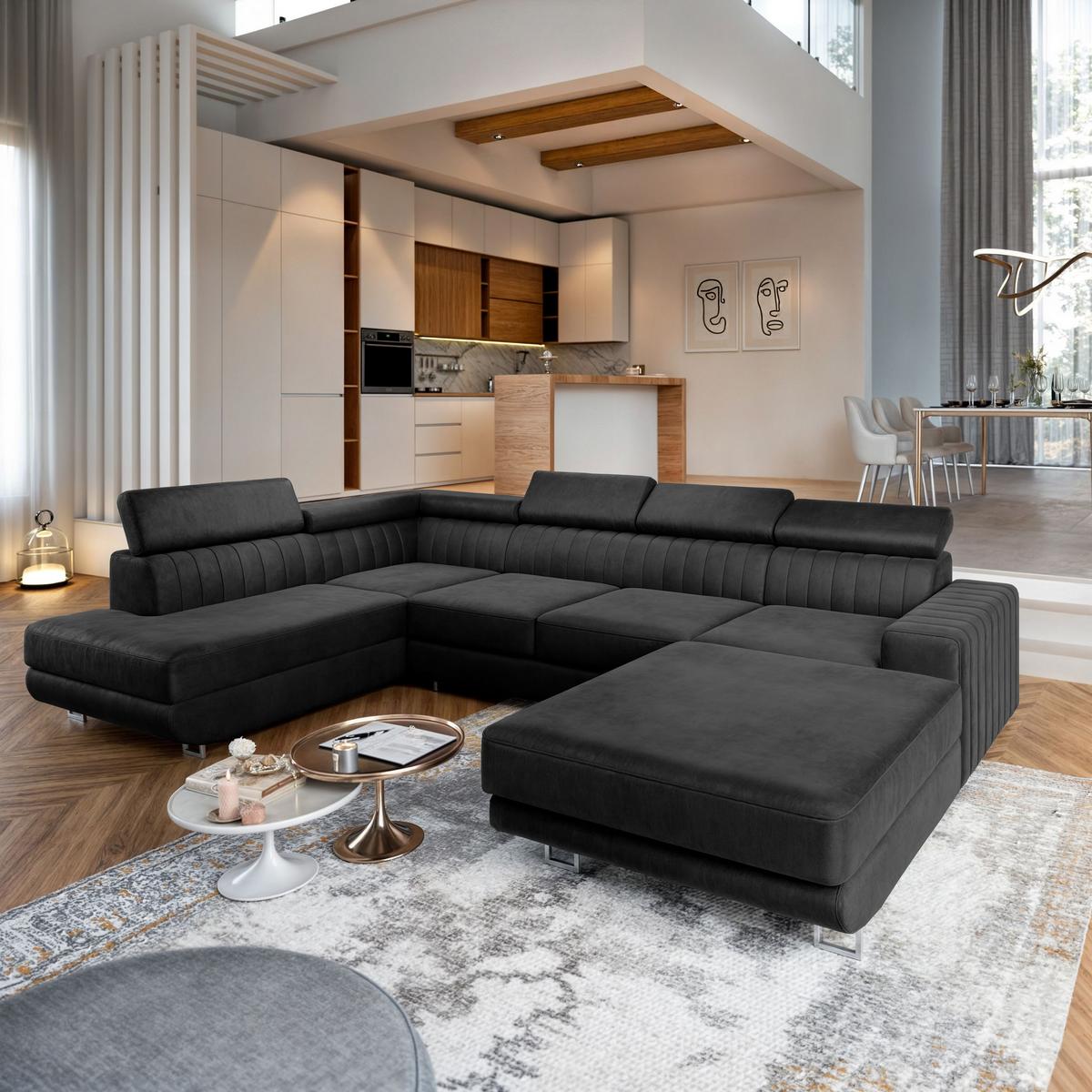 WOHNLANDSCHAFT SIENA L-S Schwarz Velours-Stoff mit Schlaffunktion - Silberfarben/Schwarz, Holz/Textil (335/89/190cm) - MASSENO