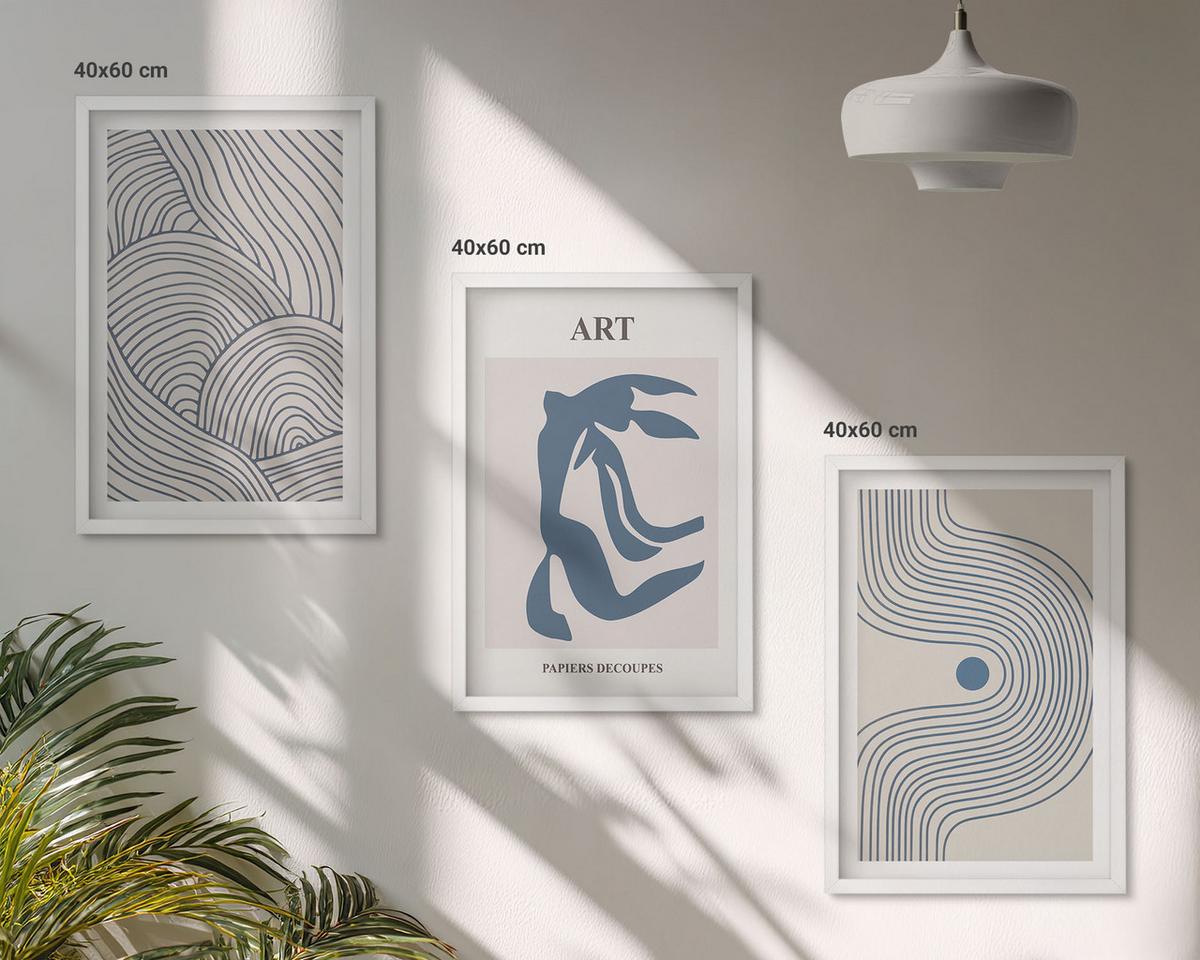 BILDER SET 3er Set - 40x60 cm Weißer Rahmen - Abstrakte blaue Linien - Weiß, Kunststoff (40/60cm) - TULUP