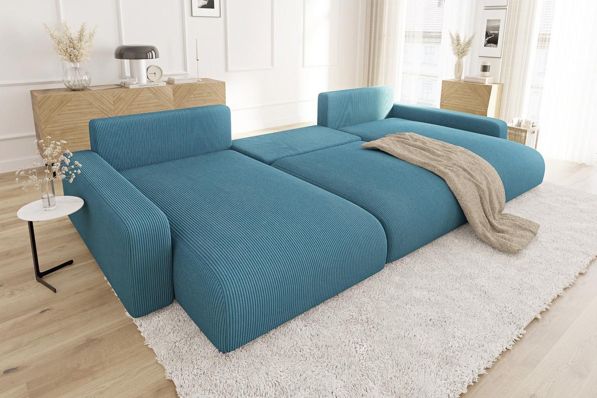 WOHNLANDSCHAFT Emma Türkis Cord - Türkis/Schwarz, Holz/Kunststoff (332/78/170cm) - S-Style Möbel