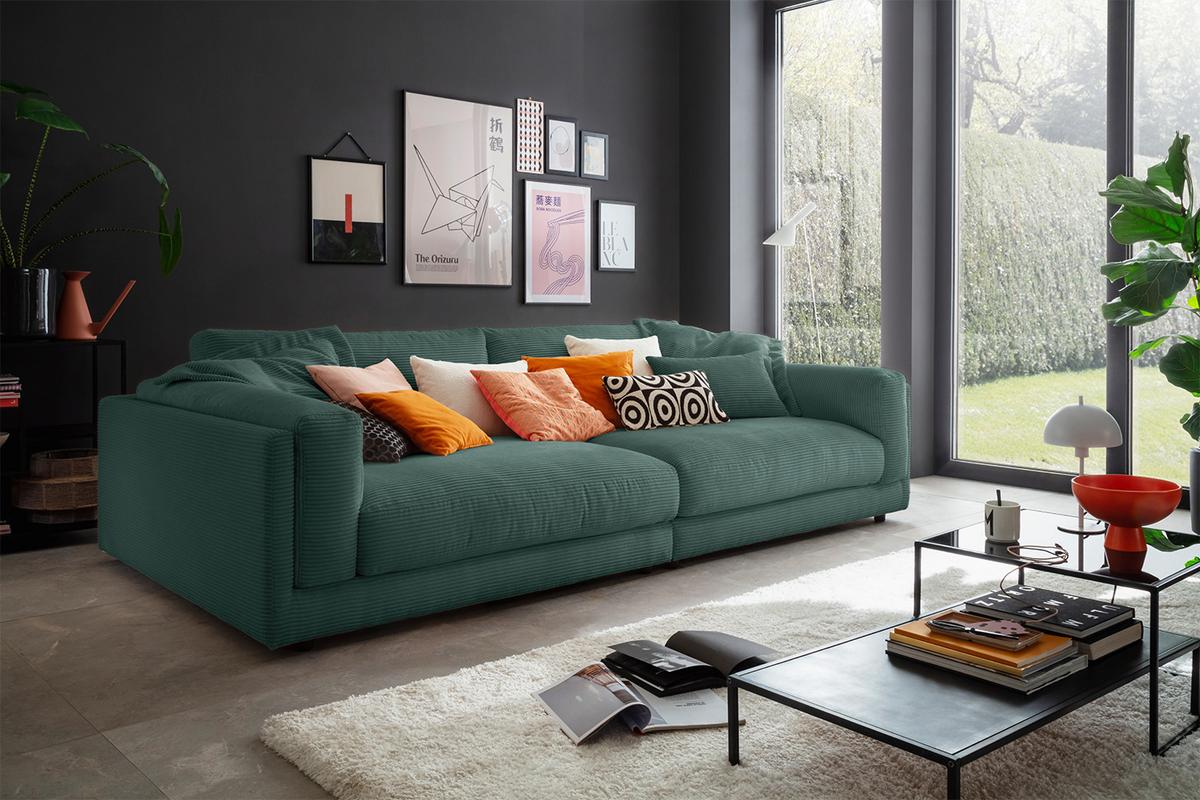 BIG SOFA RAINA Smaragdgrün Cord - Smaragdgrün/Schwarz, Kunststoff/Textil (254/85/150cm) - KAWOLA