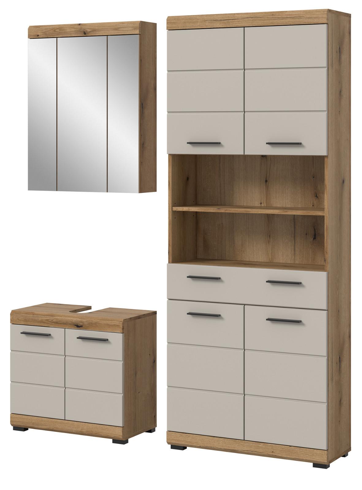BADMÖBEL-SET Sand Kaschmir, Evoke Eiche, Badkombination 3-teilig 149 cm, viel Stauraum - Kaschmir/Eichefarben, Glas/Holzwerkstoff (149/191/34cm) - Inn.Furn