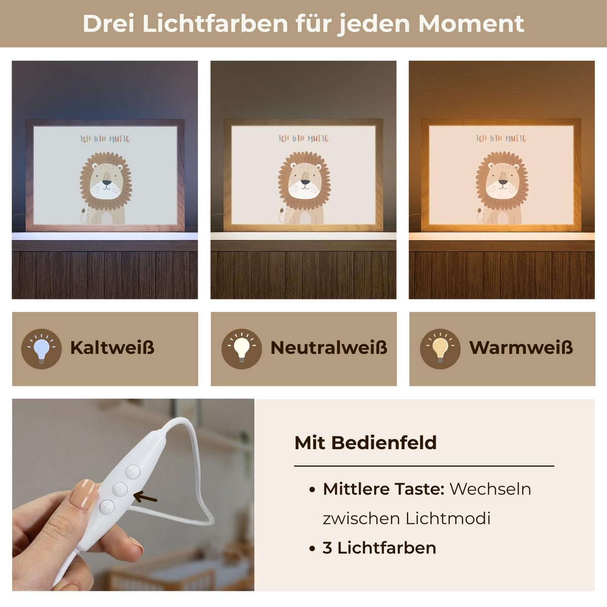 NACHTTISCHLAMPE Löwe - Beige - Tier - Mutig - Zitat 30x20 cm - Beige, Holzwerkstoff (8/30/20cm) - OnlyWow