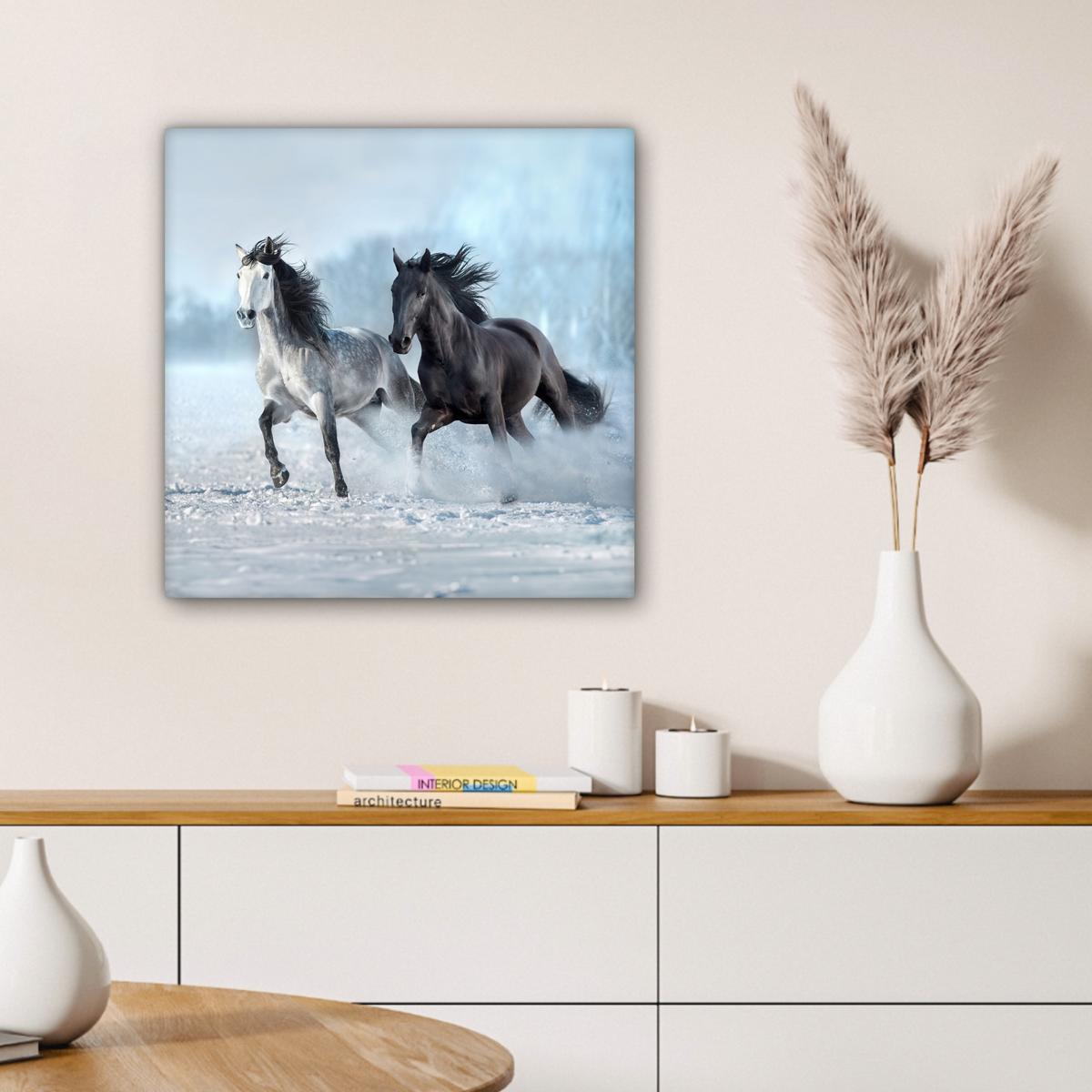 LEINWANDBILD Pferde - Winter - Tiere - Natur - Schnee Wandbild Wohnzimmer 50x50 cm - Anthrazit, Textil (50/50cm) - MuchoWow