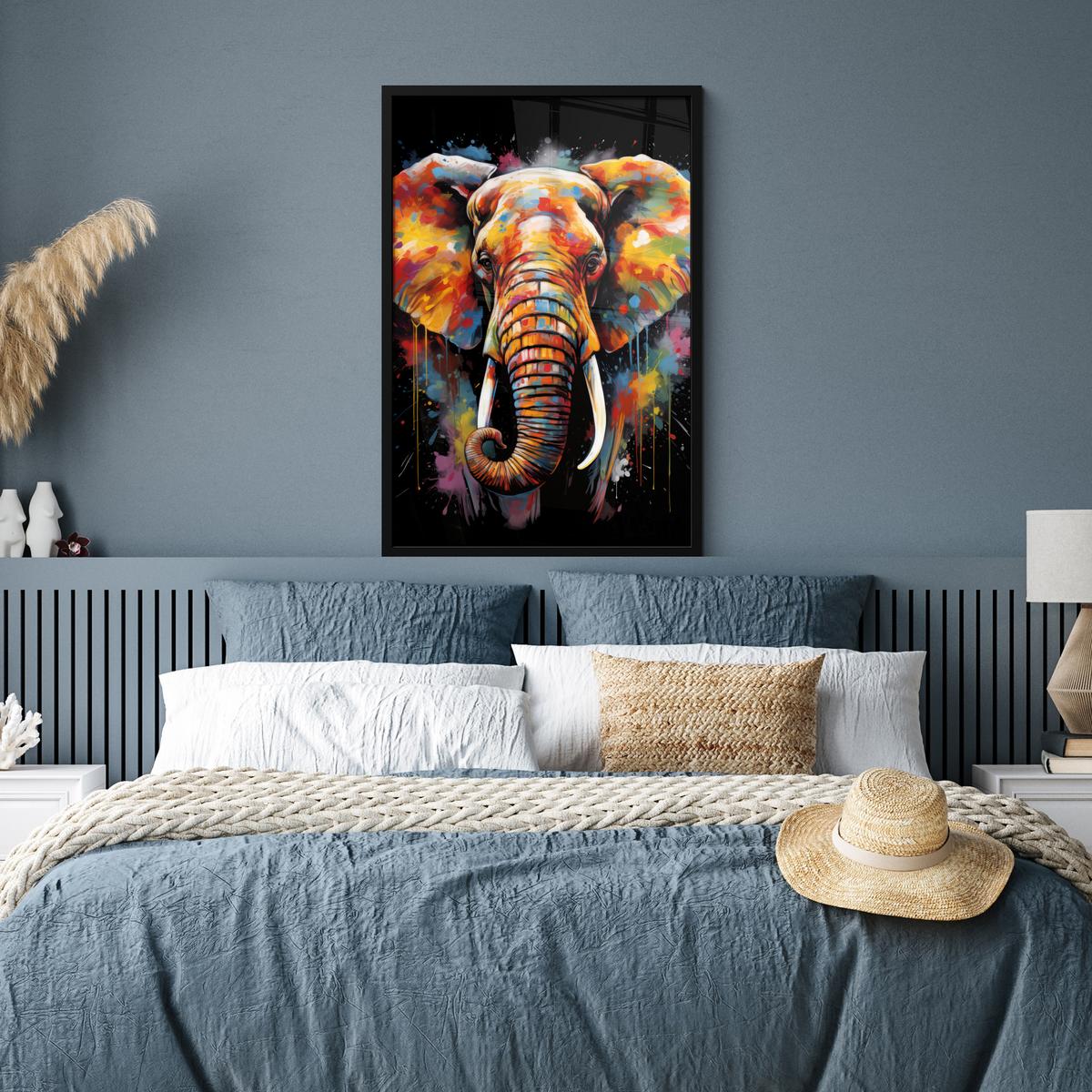 POSTER MIT RAHMENGERAHMTES BILD Elefant - Graffiti - Schwarz - Tiere - Farben 60x90 cm - Schwarz, Papier (60/90cm) - MuchoWow