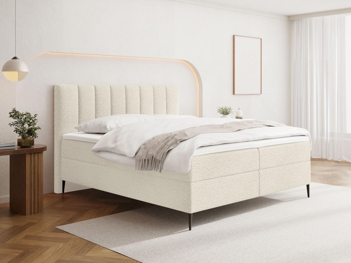 BOXBETT Allen mit Bettkasten, Boucle Creme 140x200 cm – inkl. H4 Taschenfederkern Matratze & Foam Topper - Creme/Schwarz, Textil/Metall (140/200cm) - WFL GROUP