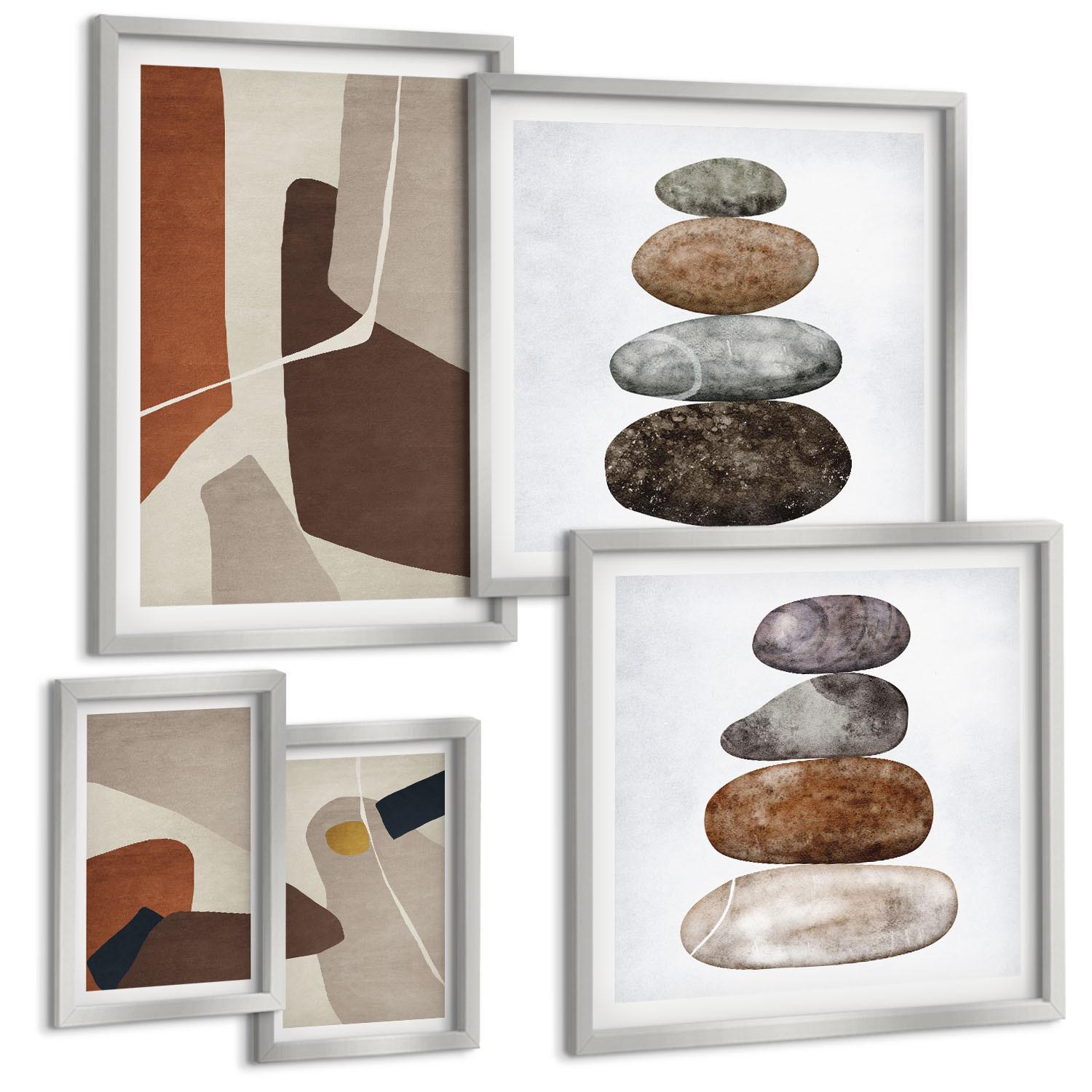 BILDER SET 5er Set - 50x50 cm & 20x30 cm & 40x60 cm Silberner Rahmen - Abstrakte Boho-Formen - Silberfarben, Kunststoff (40/60cm) - TULUP