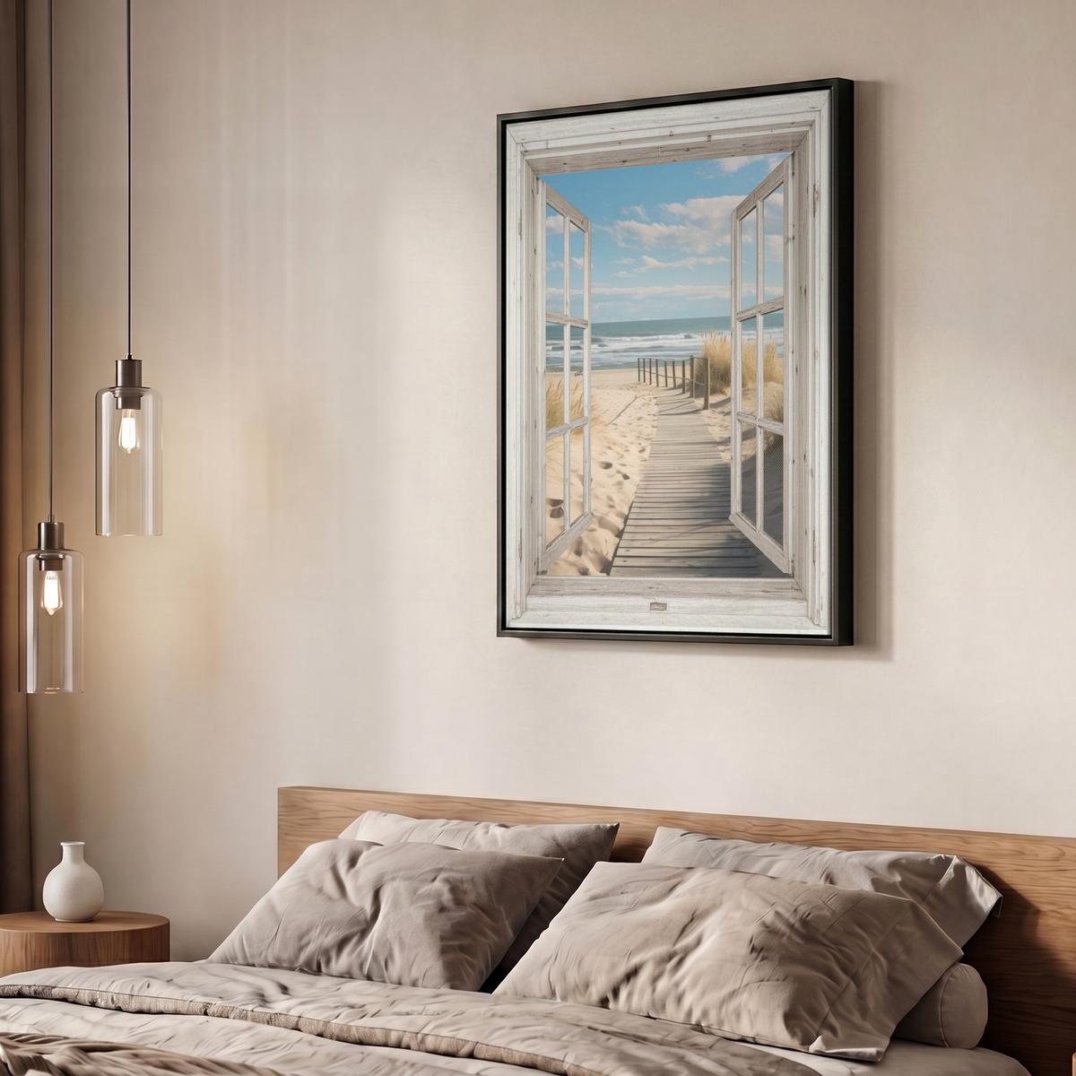 LEINWAND Bilder mit Rahmen - Fenster - Meer - Küste - Natur - Ausblick - Strand - Wattenmeer - 50x70 - Beige, Textil (50/70cm) - MuchoWow