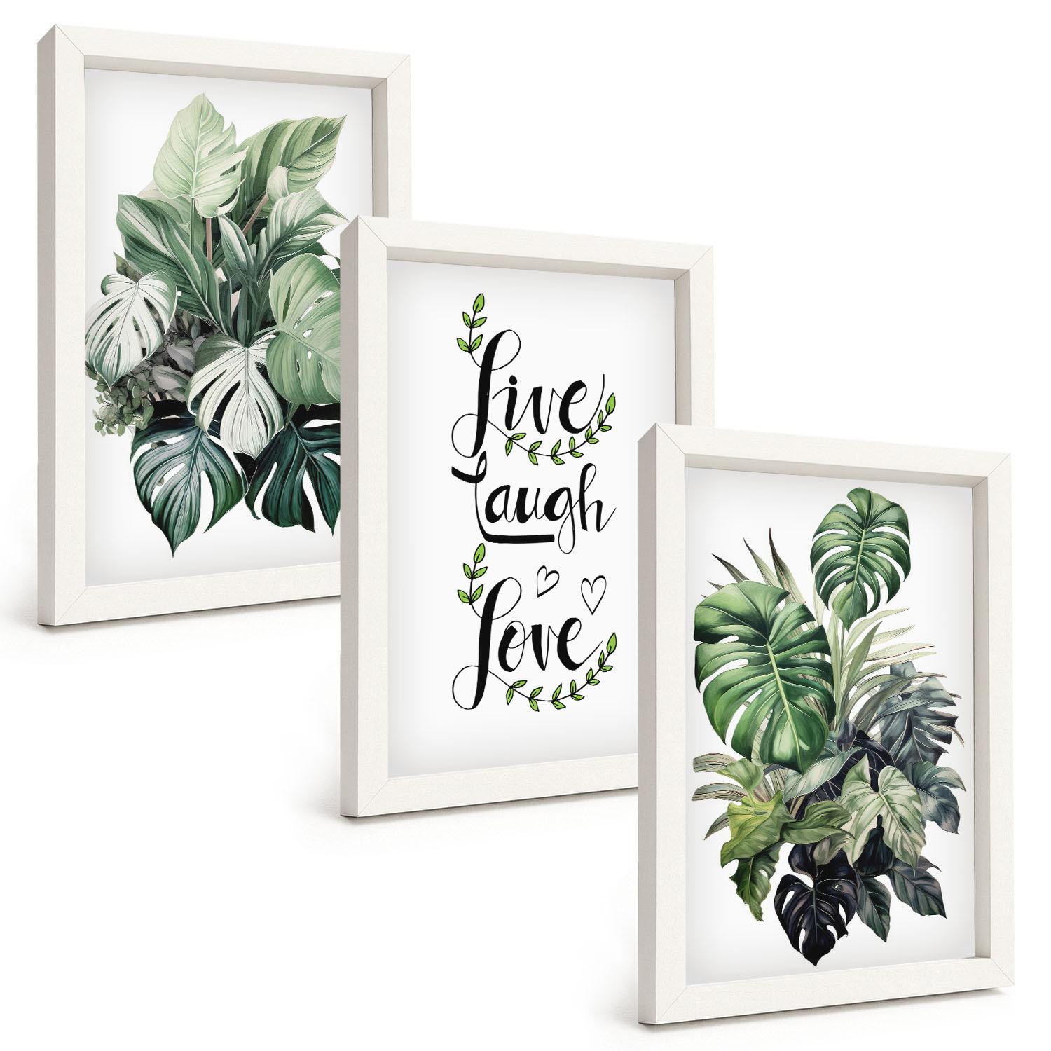 BILDER SET 3er Set - 20x30 cm Weißer Rahmen - Blattpflanzen leben, lachen, lieben - Weiß, Kunststoff (20/30cm) - TULUP