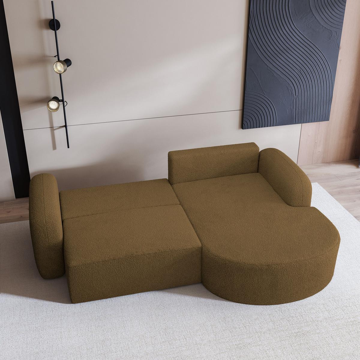 ECKSOFA AMILIA R-S Orange Boucle-Stoff mit Schlaffunktion - Orange, Holz (263/174cm) - MASSENO