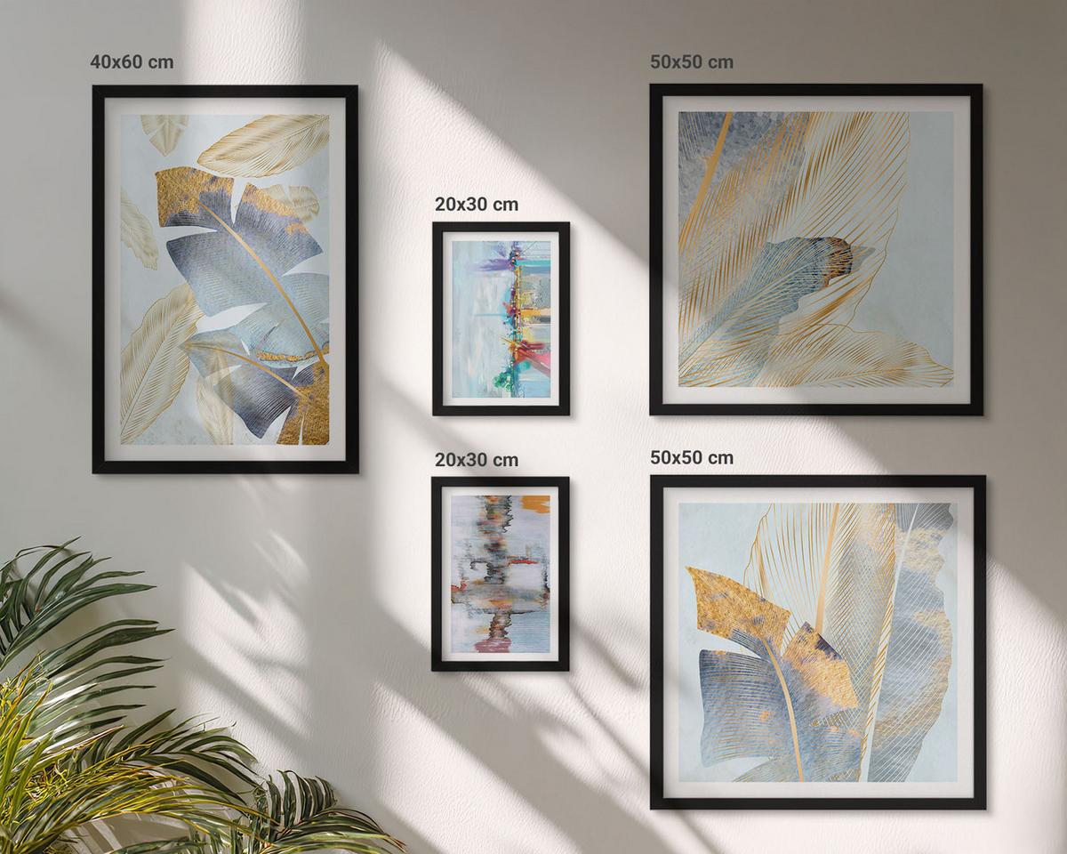 BILDER SET 5er Set - 50x50 cm & 20x30 cm & 40x60 cm Schwarzer Rahmen - abstrakte Muster in Blautönen - Schwarz, Kunststoff (40/60cm) - TULUP