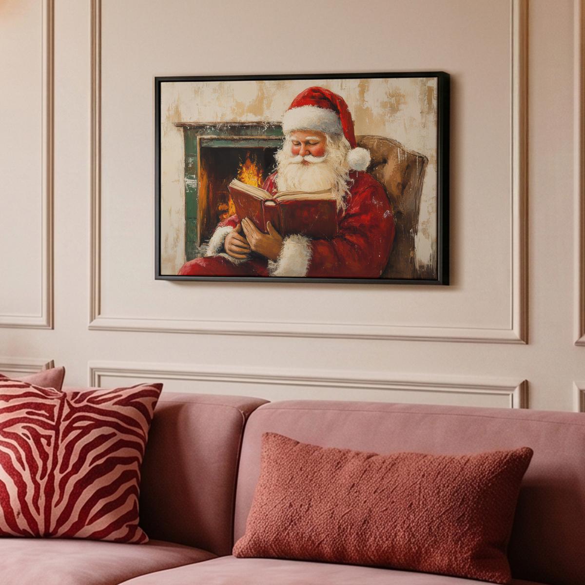 LEINWAND Bilder mit Rahmen - Weihnachten - Weihnachtsmann - Winter - Open Fireside - 60x40 - Dunkelrot, Textil (60/40cm) - MuchoWow