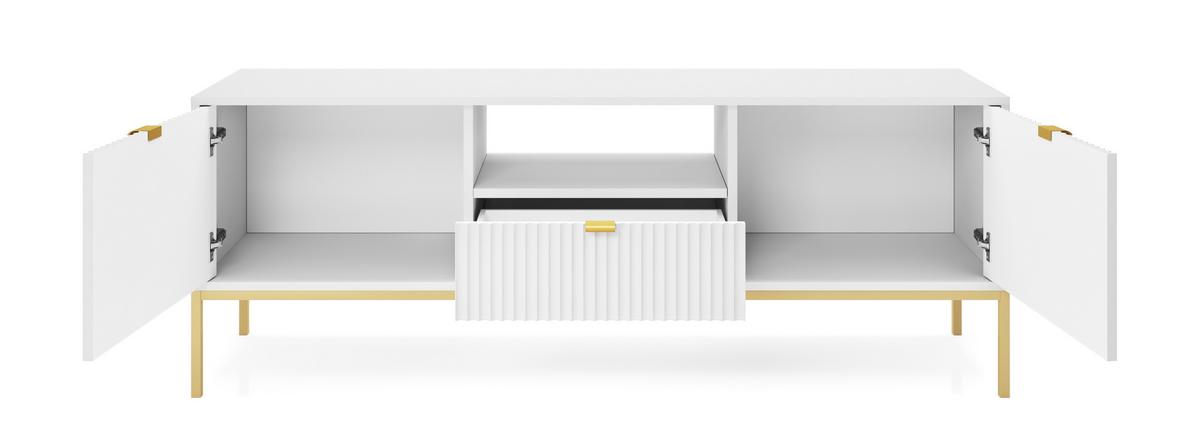 LOWBOARD Eternas 2T 1S Weiß 154/56/39 cm – goldene Füße, mit geriffelten Fronten und offener Ablage - Goldfarben/Weiß, Holzwerkstoff (154/56/39cm) - AX Living