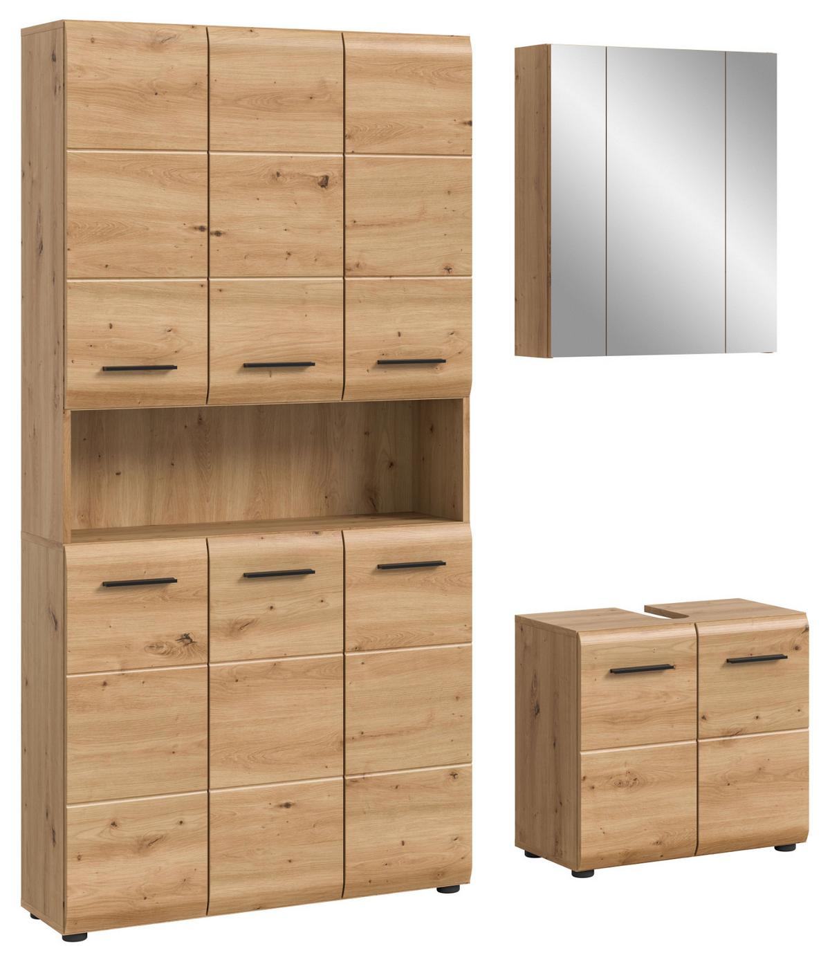 BADMÖBEL-SET in Artisan Eiche, Badezimmer 3-teilig 165 cm mit 6-türigem Hochschrank - Eichefarben/Schwarz, Glas/Holzwerkstoff (165/185/30cm) - Inn.Furn