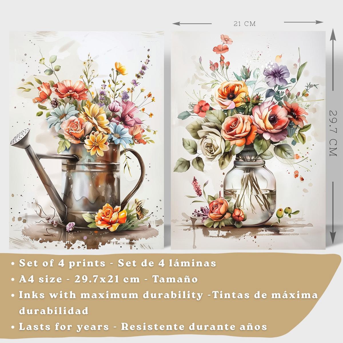 POSTER 4er Set Blumen Küchen-Wandbilder Gießkanne Vase Utensilien Botanisches Aquarell Wohnzimmer Deko Leichter Holzrahmen A4 - Beige, Papier (29.7/1/21cm) - Nacnic