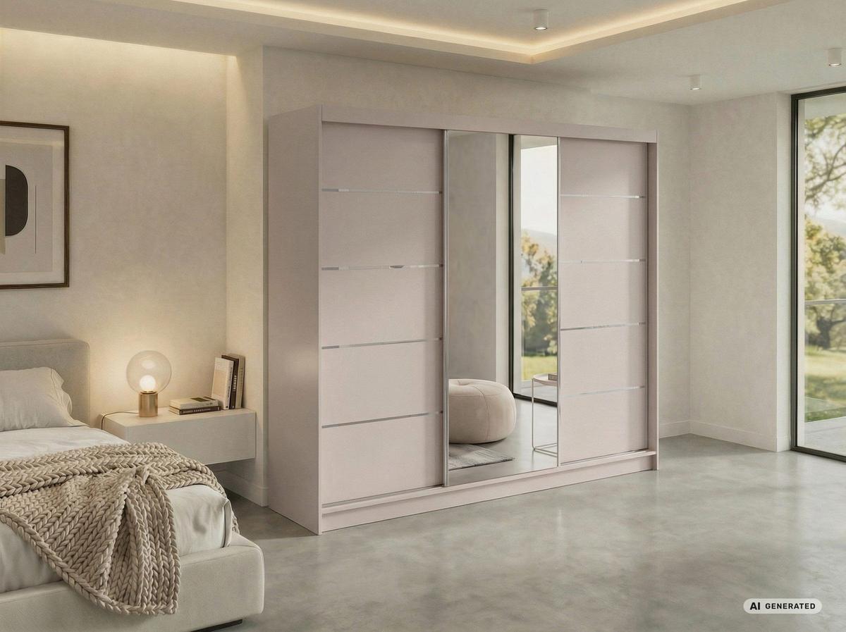 SCHWEBETÜRENSCHRANK mit Schubladen 240 - SKORIA - Kaschmir mit Spiegel - Kaschmir/Alufarben, Holzwerkstoff/Metall (240/216/61cm) - MKS