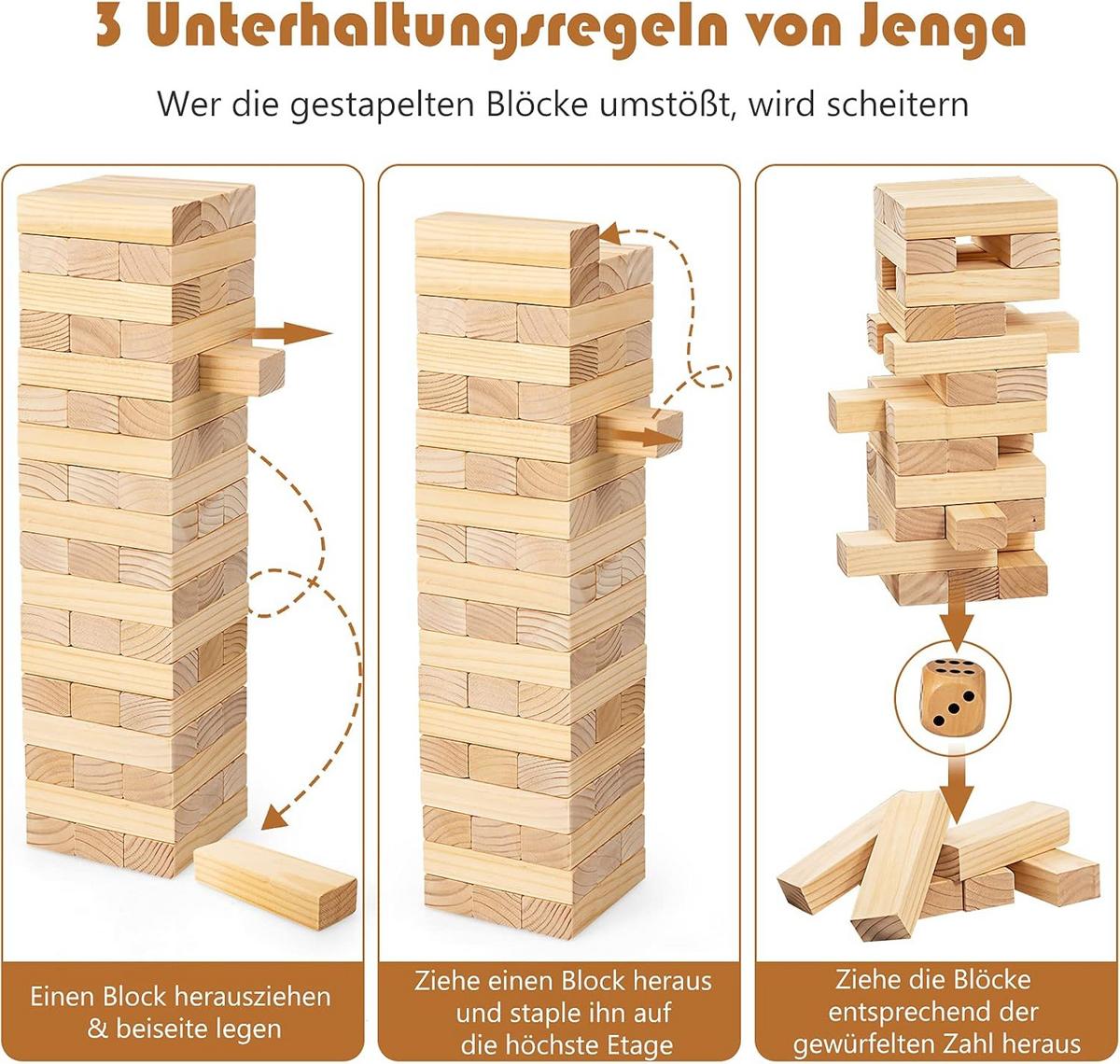 RIESEN Wackelturm 54 Blöcke Holz - Apfelbaumfarben, Holz (5/16/4cm) - COSTWAY