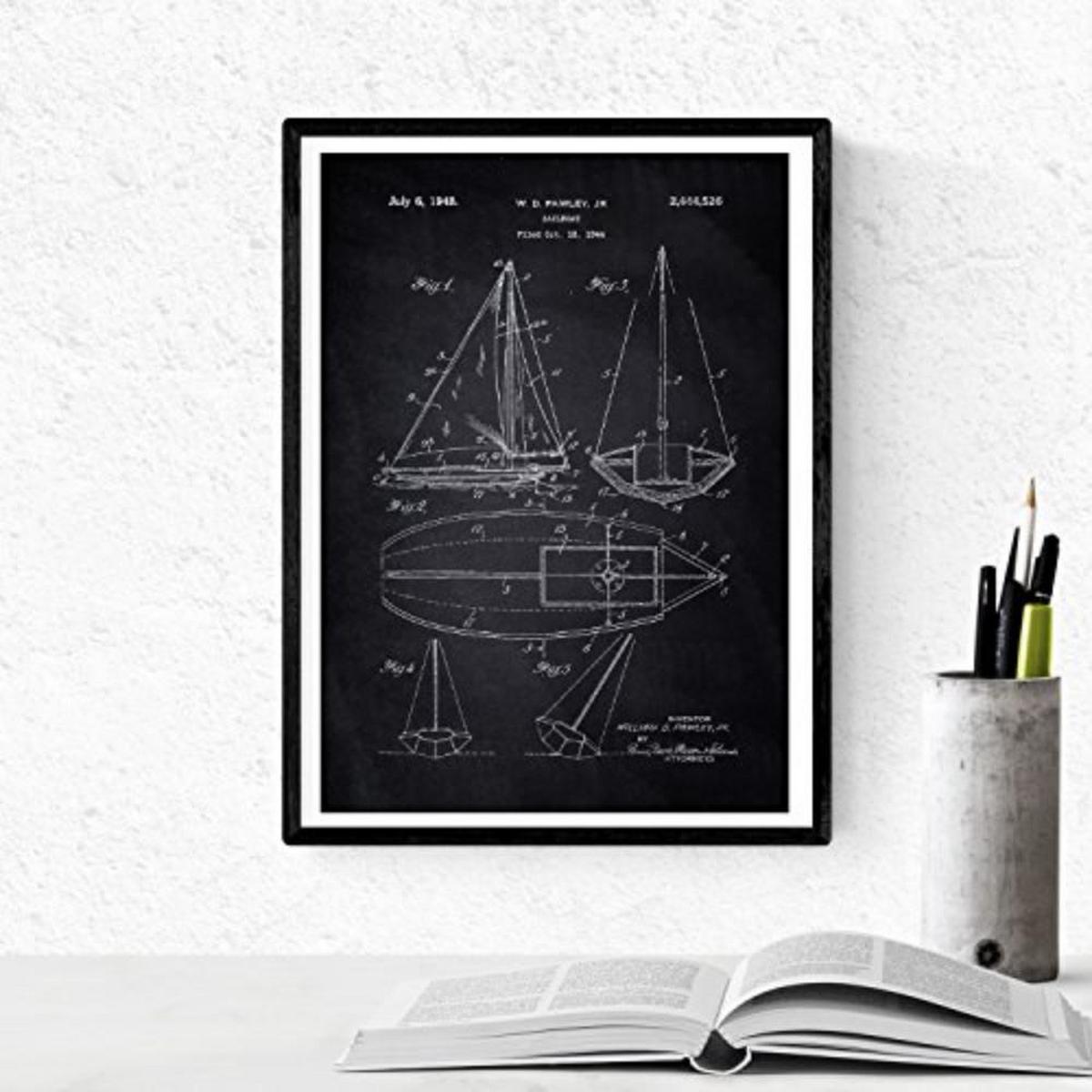 POSTER Set mit 4 Schwarz Patenten Booten A4 Schwarzer Rahmen - Schwarz, Papier (29.7/3cm) - Nacnic
