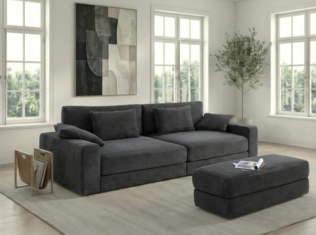 POLSTERHOCKER Federkern B124/T60/H40 cm Cord-Bezug Dunkelgrau / 15255 - Dunkelgrau/Schwarz, Kunststoff/Textil (124/40/60cm) - luma-home