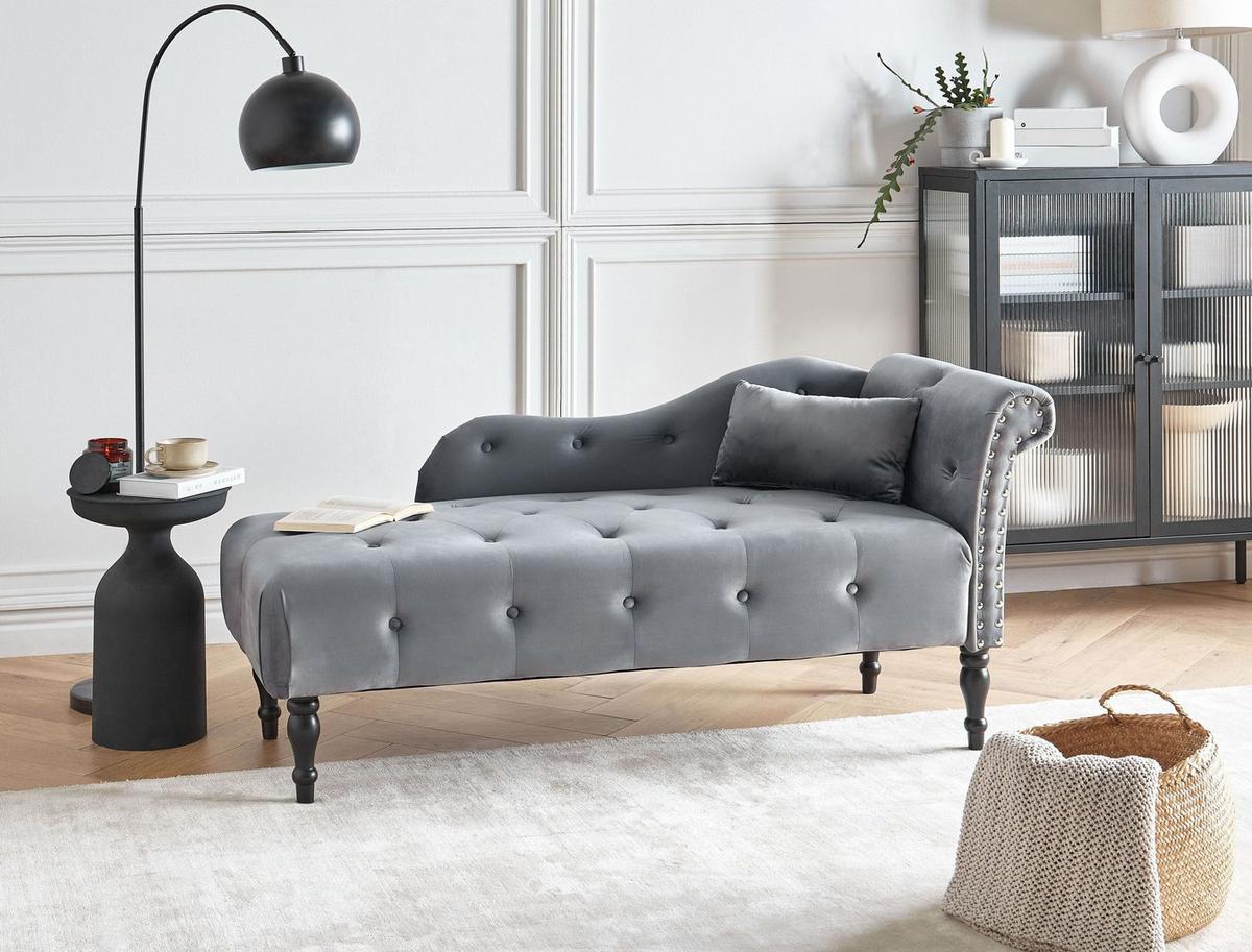 CHAISELONGUE-RECHTSSEITIGE Samtstoff Grau Ivry - Dunkelgrau/Schwarz, Textil (152/72/62cm) - Beliani
