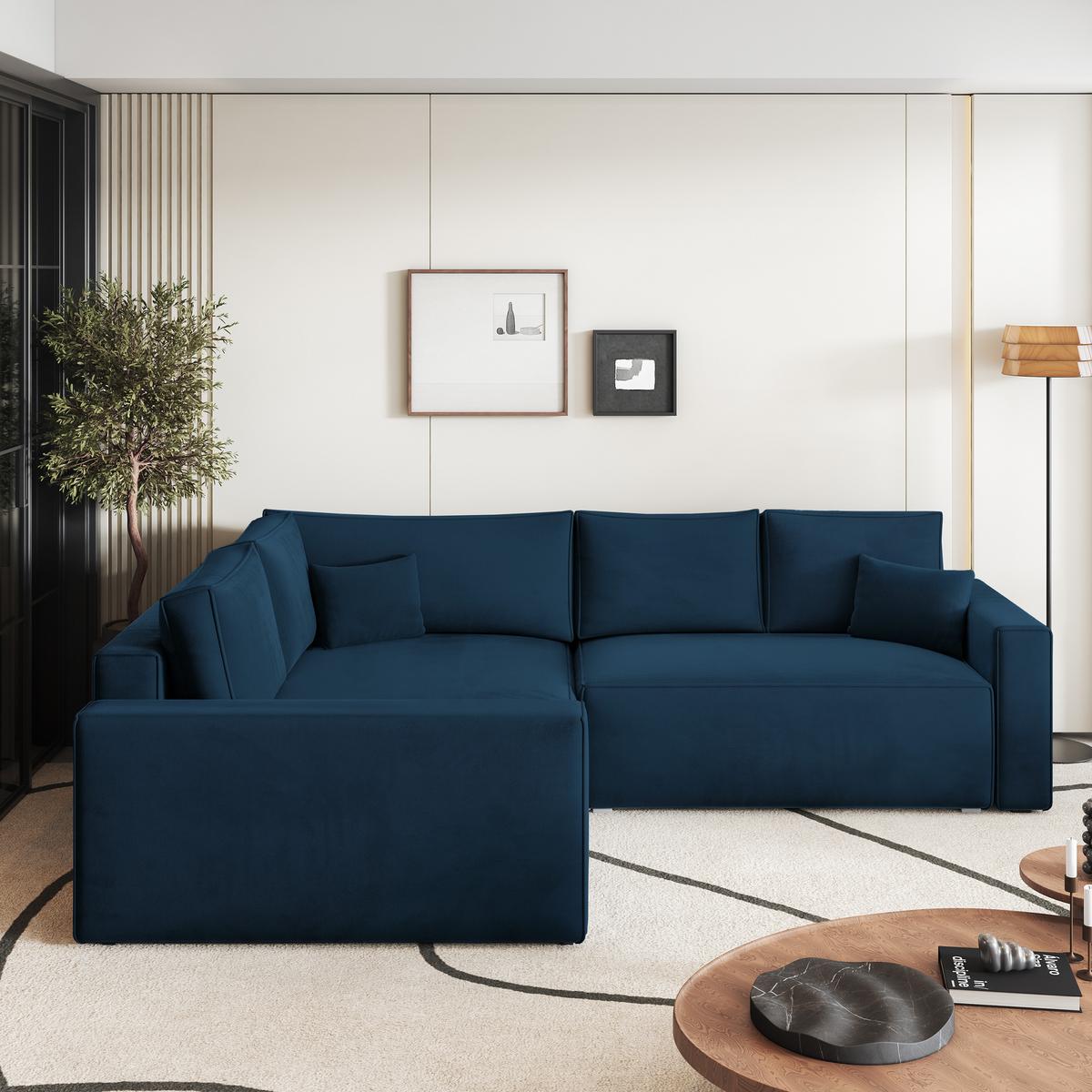 ECKSOFA ERONIS L-S Blau Velours-Stoff mit Schlaffunktion - Blau, Holz (265/194cm) - MASSENO