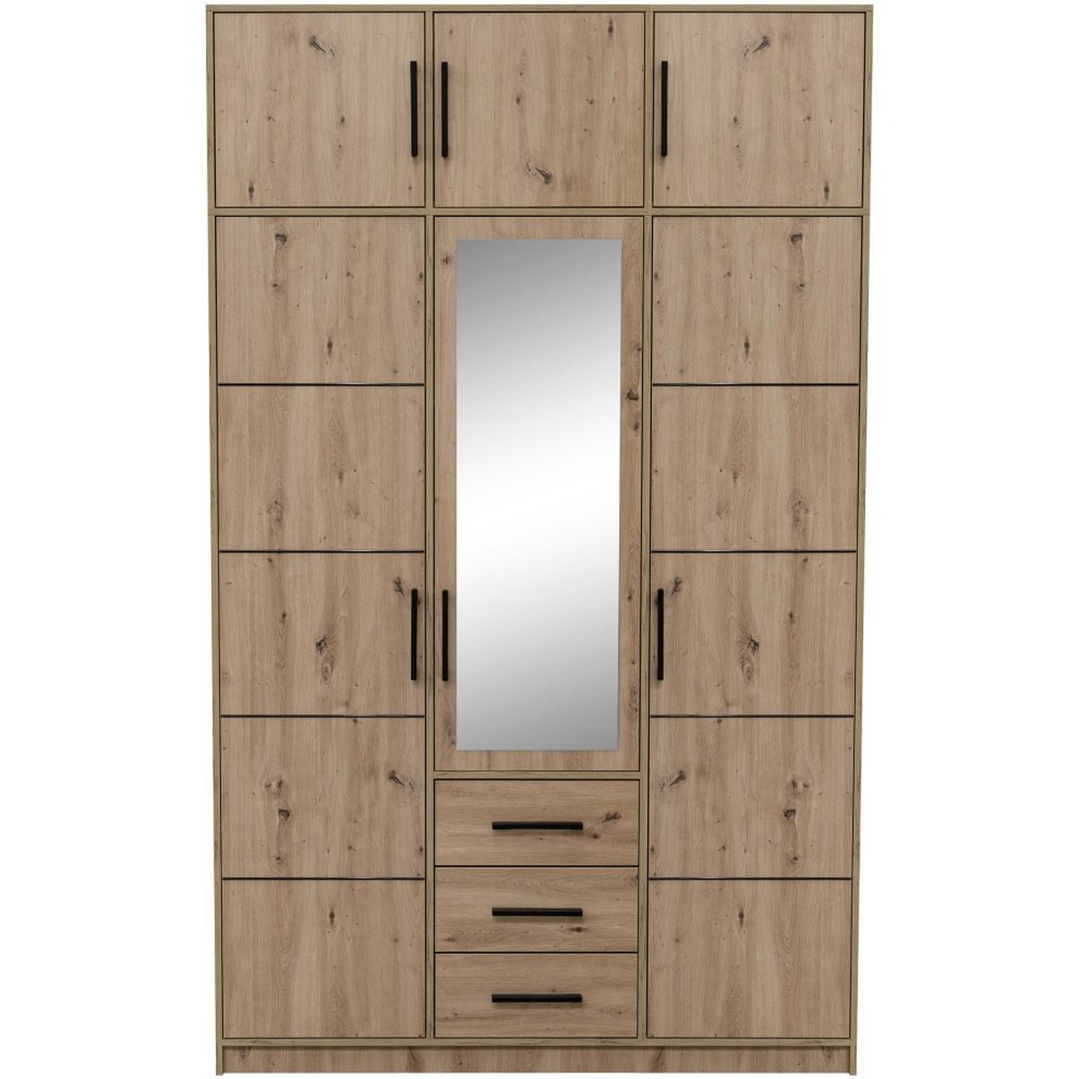 DREHTÜRENSCHRANK Kavo mit Aufsatz, Spiegel und 3 Türen, eiche Artisan - Schwarz/Eiche Artisan, Holzwerkstoff (150/245/58cm) - Beautysofa