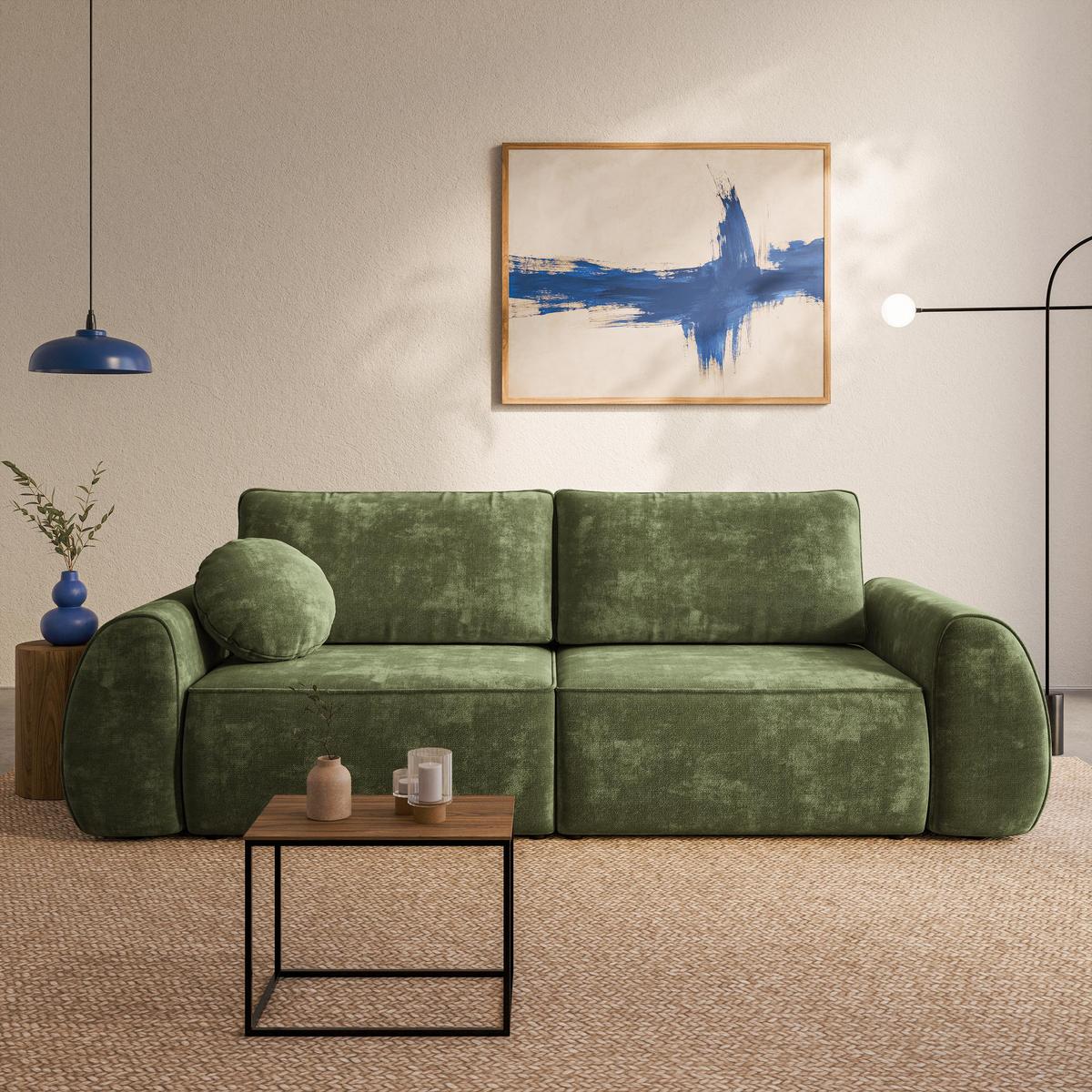 BETTSOFA ZEFEO Grün Chenille-Stoff mit Schlaffunktion - Grün, Textil (264/96/106cm) - MASSENO