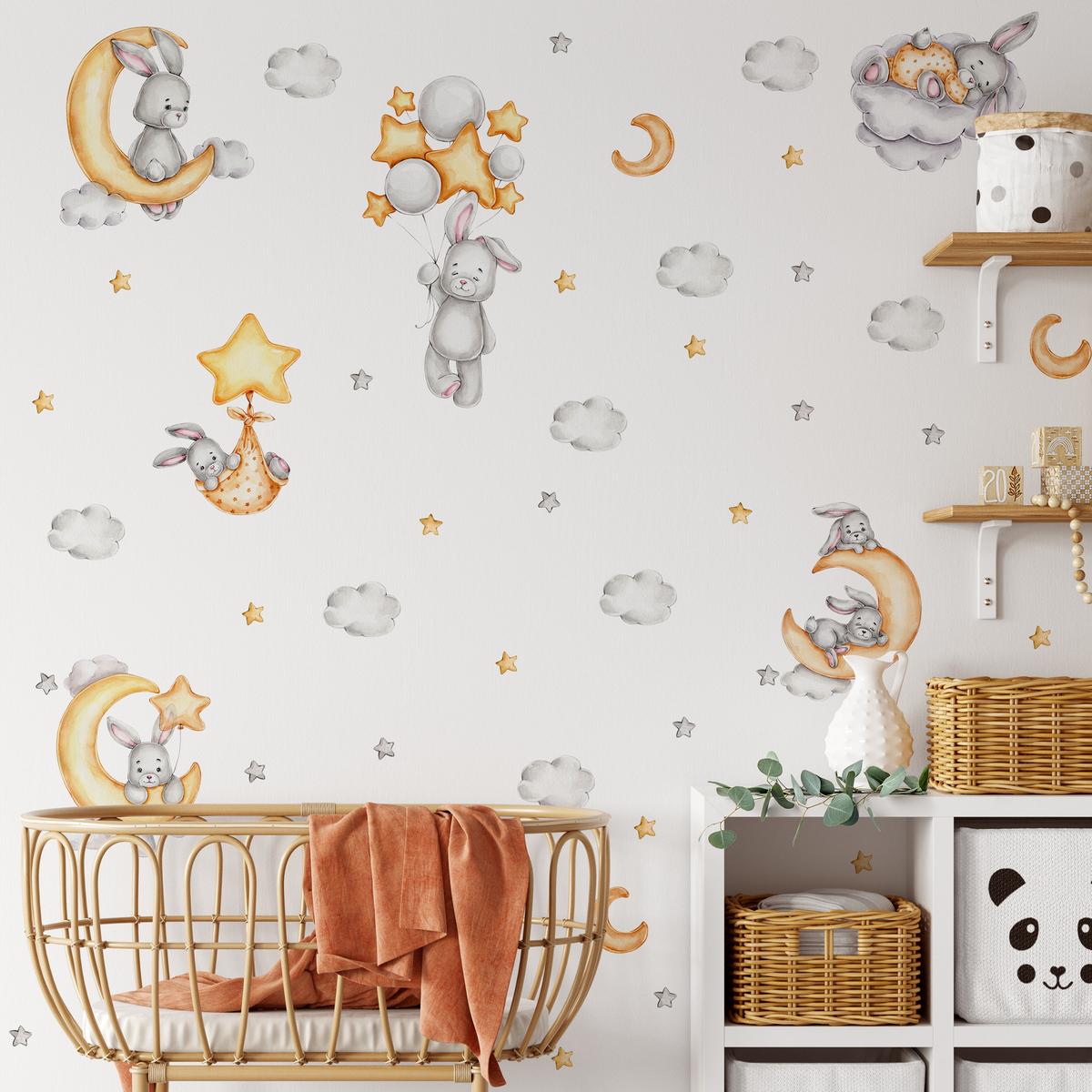 STICKER SET für Kinder Häschen Wolken Monde Sterne 60x30 - Gelb/Beige, Papier (60/30/1cm) - Muralo