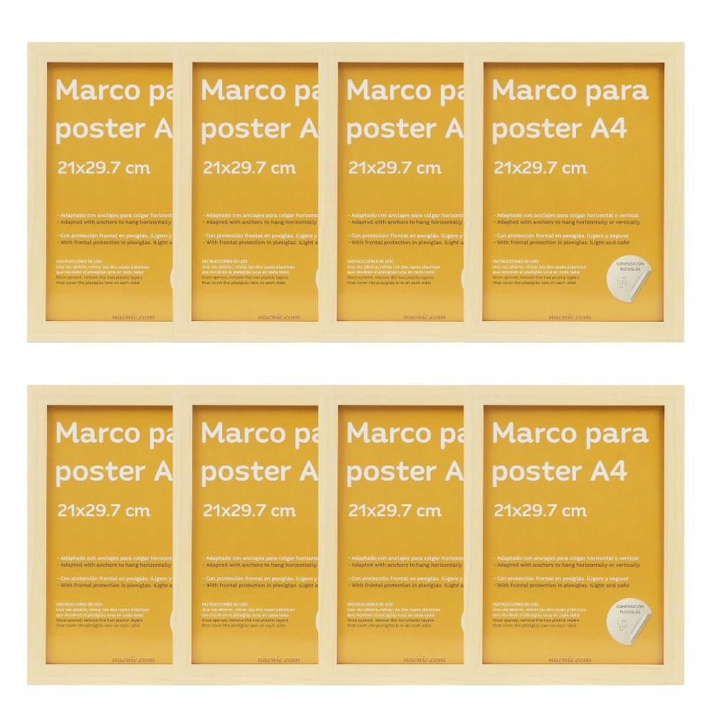 RAHMEN Set mit 8 aus MDF und Acrylglas Schutz und Aussteller für Fotografien, Bilder, Poster, Gemälde, Dekoration für Haus Farbe Hellholz A4 - Beige, Holz (21/3cm) - Nacnic