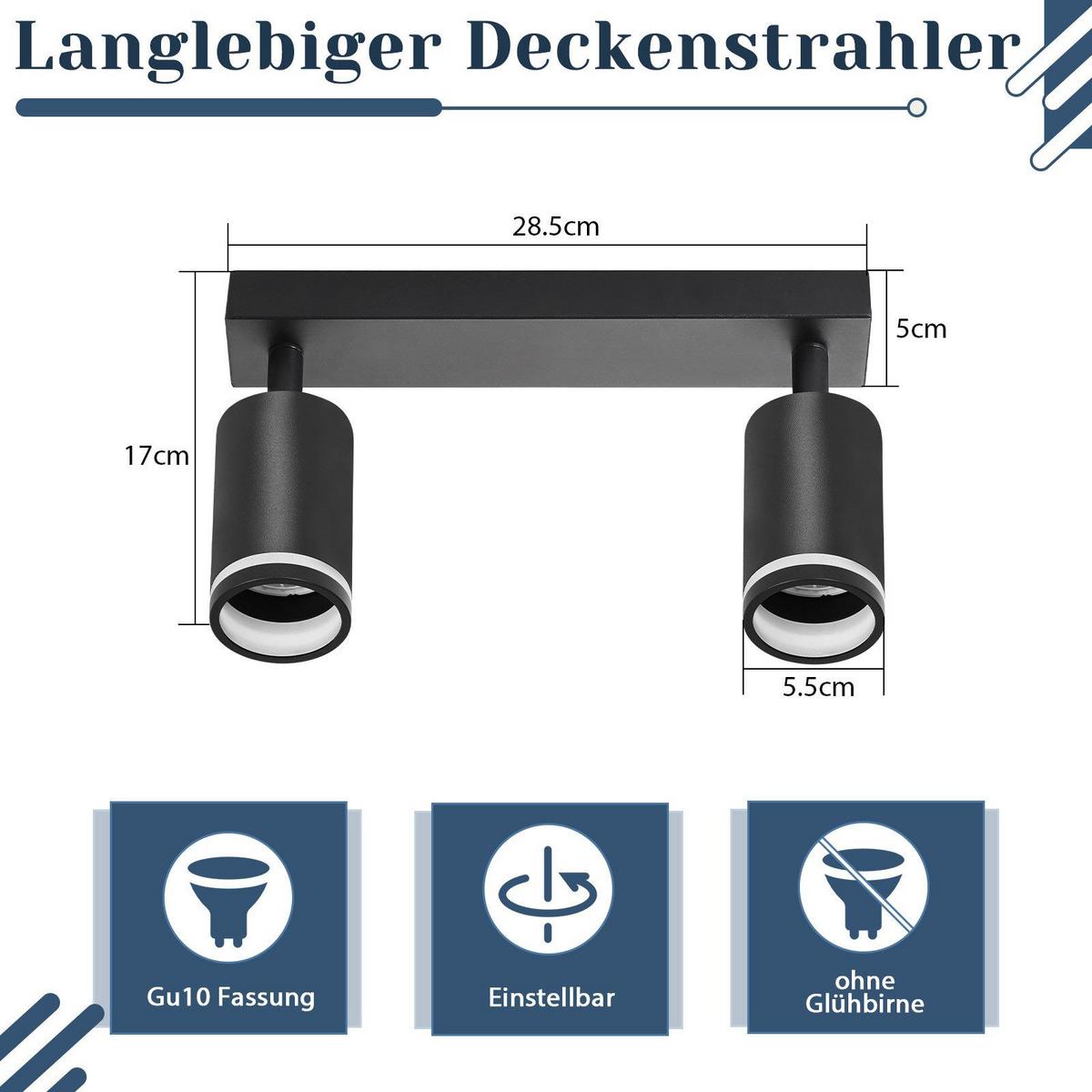 DECKENSTRAHLER Taunus 2-flammig 28.5/5/17 cm - Schwarz, Metall (28.5/5/17cm) - Nettlife