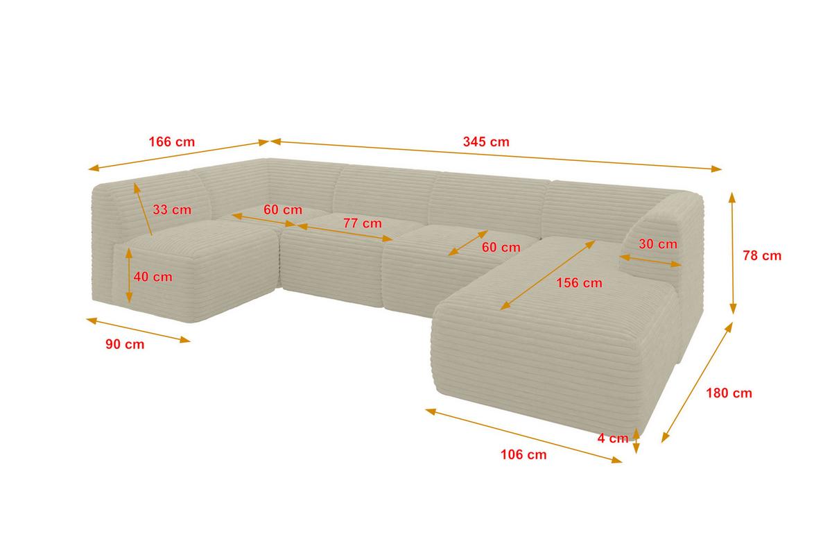 WOHNLANDSCHAFT Ottomane Rechts MOVO-L 345x180x78 cm Creme Cord - Ecru, Holzwerkstoff/Kunststoff (180/78/345cm) - ALTDECOR