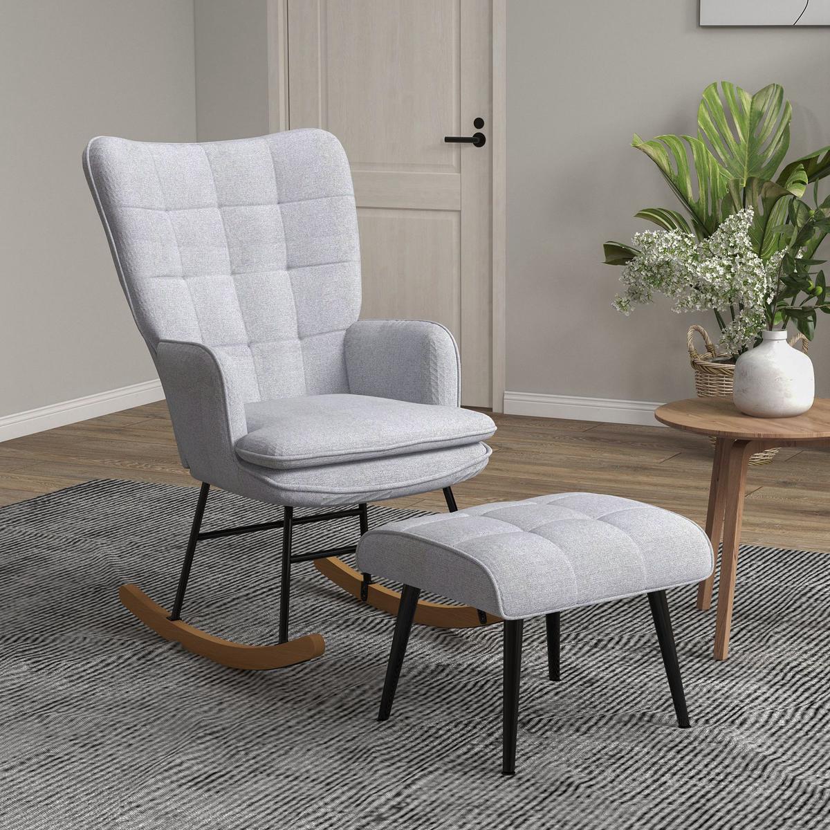 SCHAUKELSTUHL Schwingsessel mit Hocker Armlehnsessel Relaxsessel mit Leinenoptik - Hellgrau/Schwarz, Buchenholz/Textil (89/90/64cm) - HOMCOM