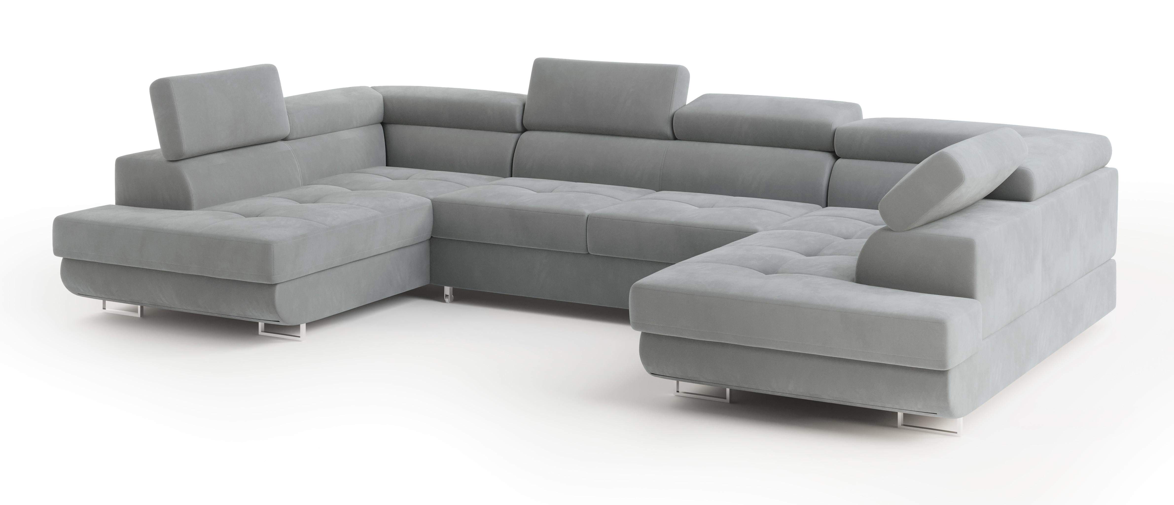WOHNLANDSCHAFT RAGGIO Hellgrau Velours-Stoff mit Schlaffunktion - Hellgrau, Holz (336/90/202cm) - MASSENO