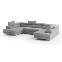 WOHNLANDSCHAFT RAGGIO Hellgrau Velours-Stoff mit Schlaffunktion - Hellgrau, Holz (336/90/202cm) - MASSENO