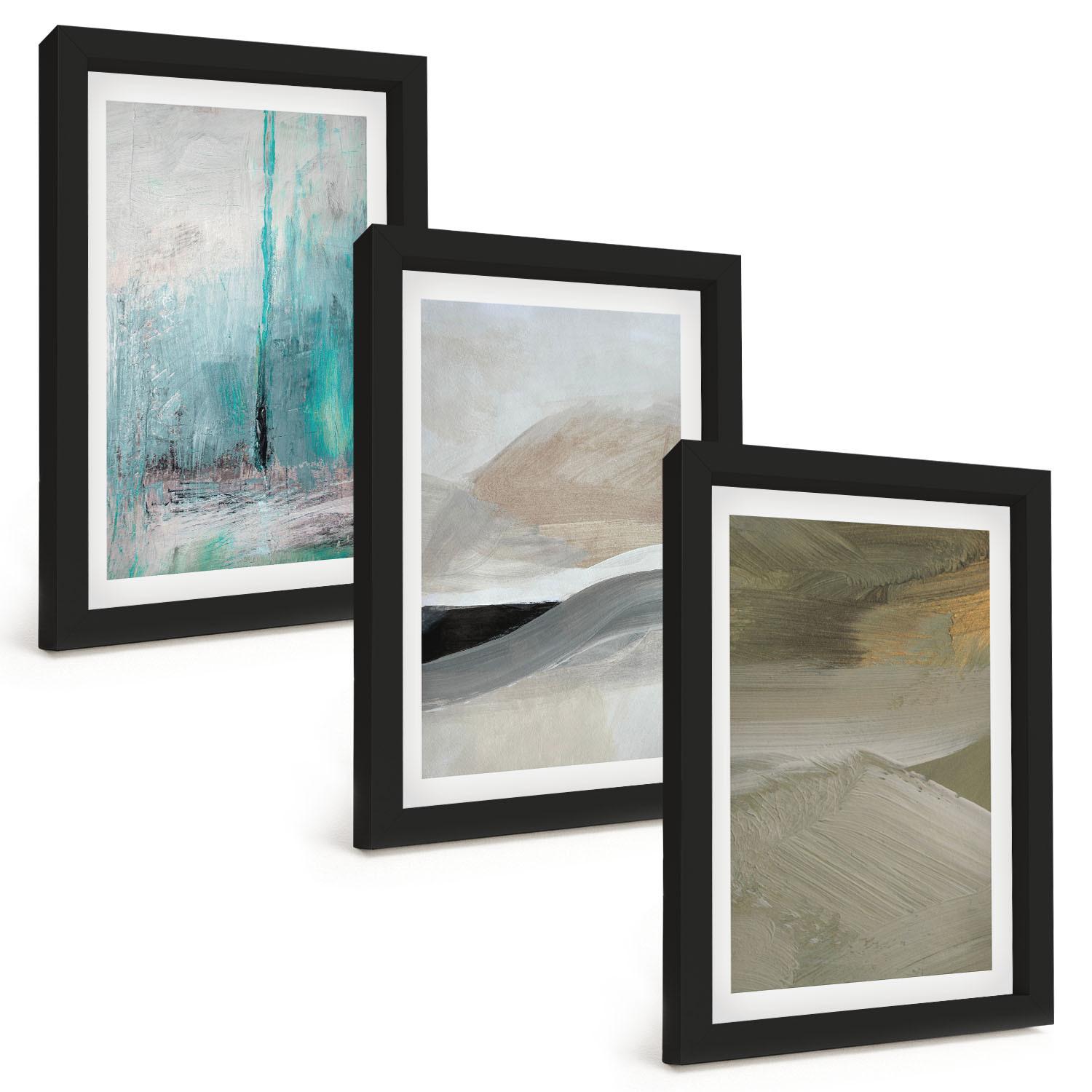 BILDER SET 3er Set - 20x30 cm Schwarzer Rahmen - Gemalte abstrakte Dekorationen - Schwarz, Kunststoff (20/30cm) - TULUP