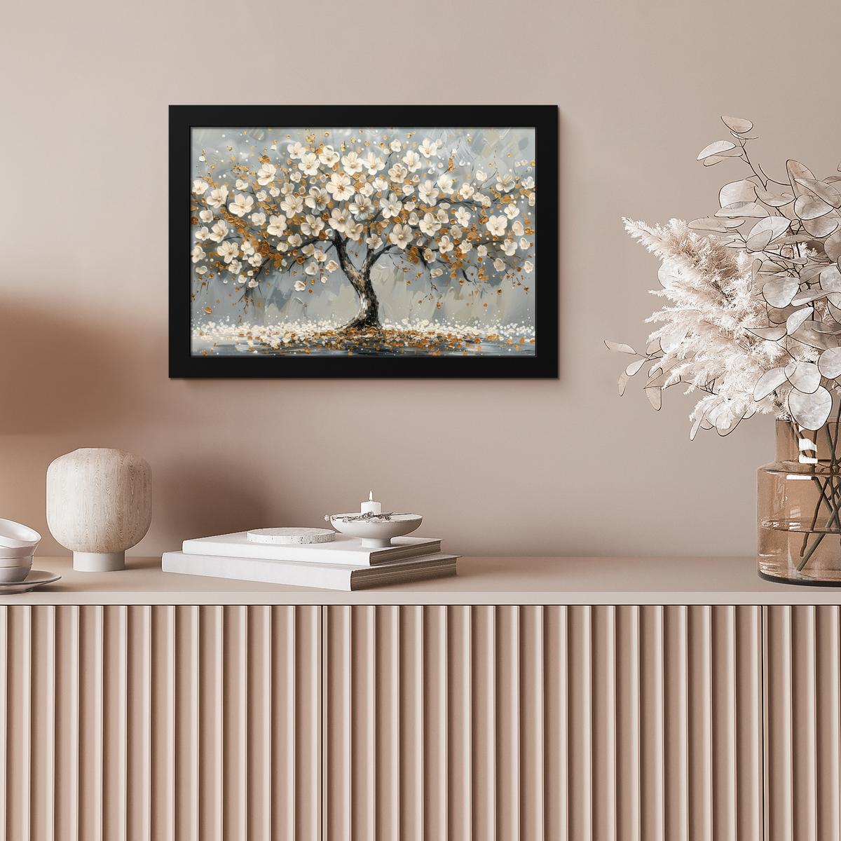 POSTER MIT RAHMENGERAHMTES BILD Baum - Blumen - Weiß - Natur - Kunst 30x20 cm - Weiß, Papier (30/20cm) - MuchoWow
