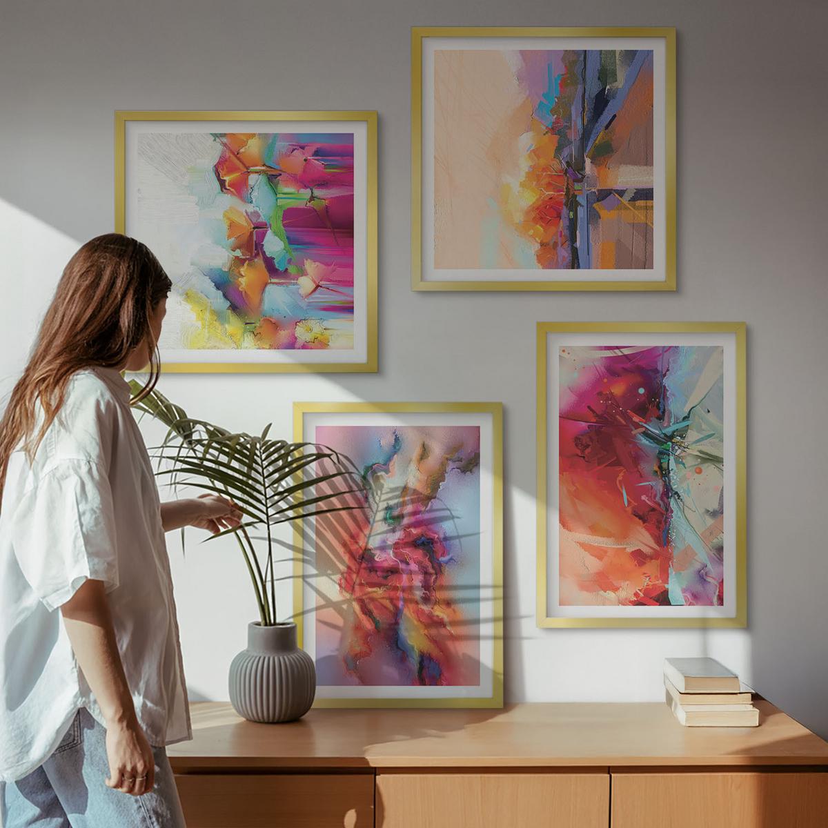 BILDER SET 4er Set - 50x50 cm & 40x60 cm Goldrahmen - Farbenfrohe Abstraktionen der Form - Goldfarben, Kunststoff (50/50cm) - TULUP