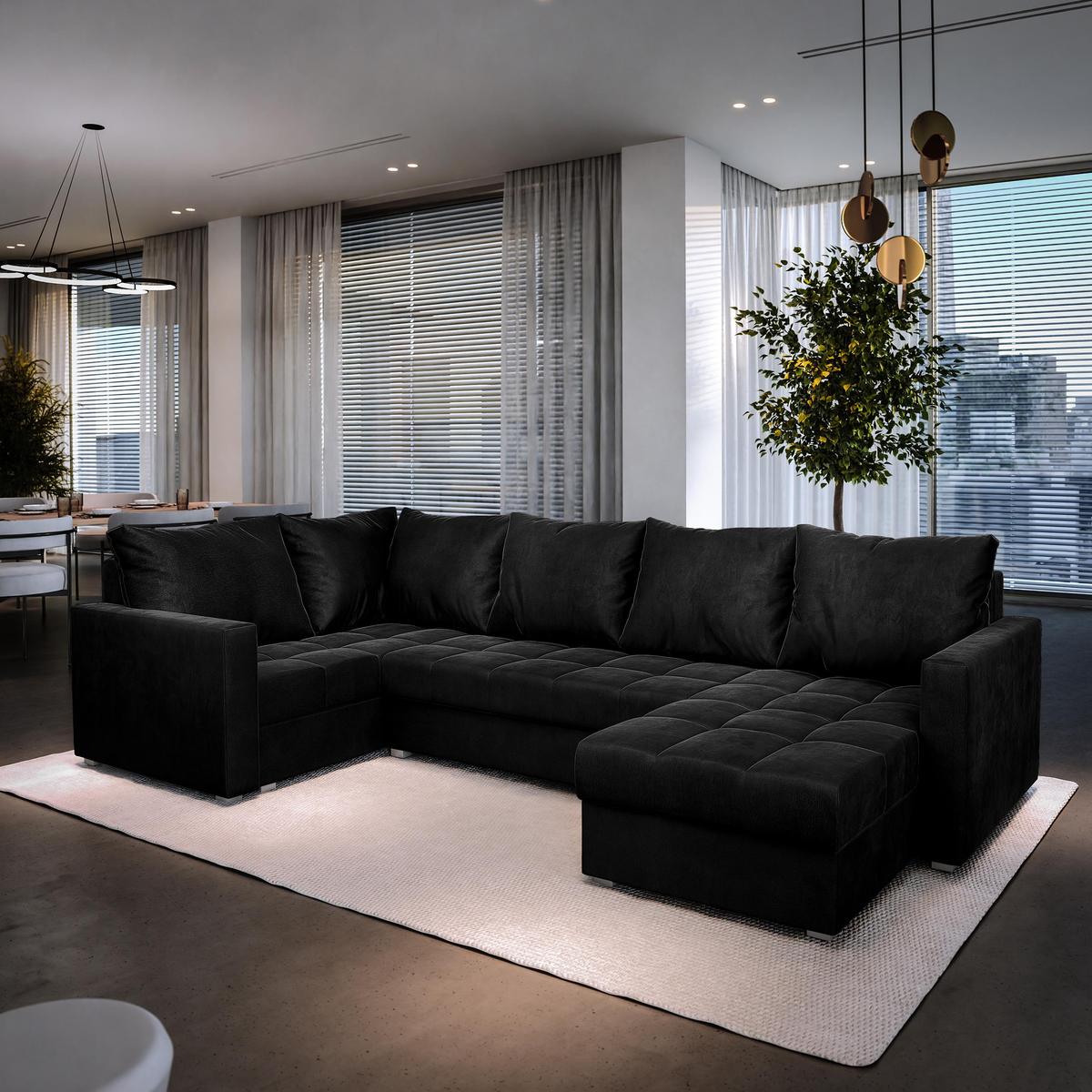WOHNLANDSCHAFT LORIVO L-S Schwarz Plüsch-Stoff mit Schlaffunktion - Schwarz/Grau, Holz/Kunststoff (285/85/150cm) - MASSENO