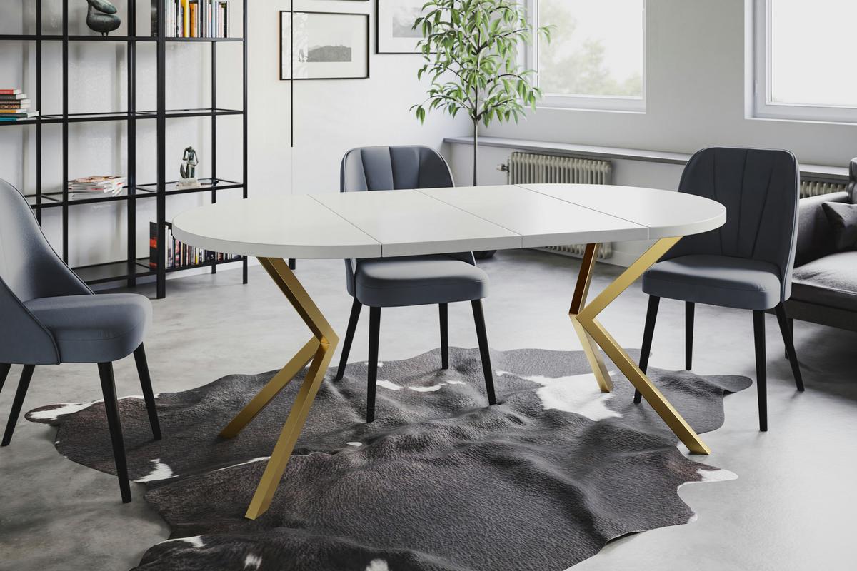 RUNDER Esszimmertisch LOFT LITEN, ausziehbarer Tisch Durchmesser: 100 cm/180 cm, Wohnzimmertisch Farbe: Weiß, mit Metallbeinen in Farbe Gold - Goldfarben/Weiß, Holzwerkstoff (100/100/76cm) - Alpi-Möbel