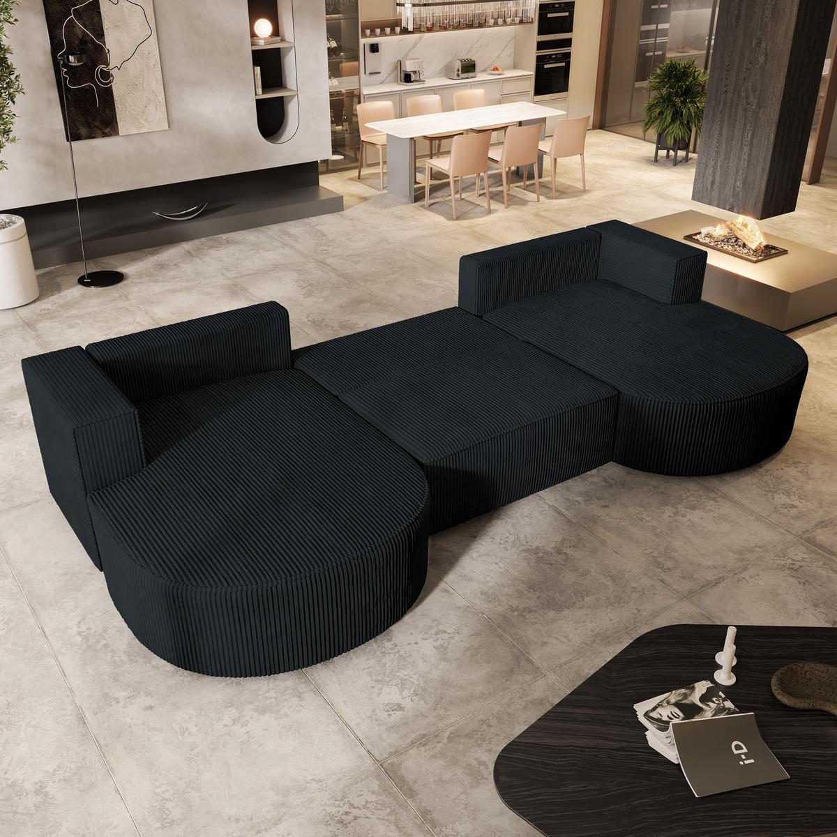 WOHNLANDSCHAFT VEZZO P Schwarz Kordstoff mit Schlaffunktion - Schwarz/Grau, Holz/Kunststoff (347/85/174cm) - MASSENO