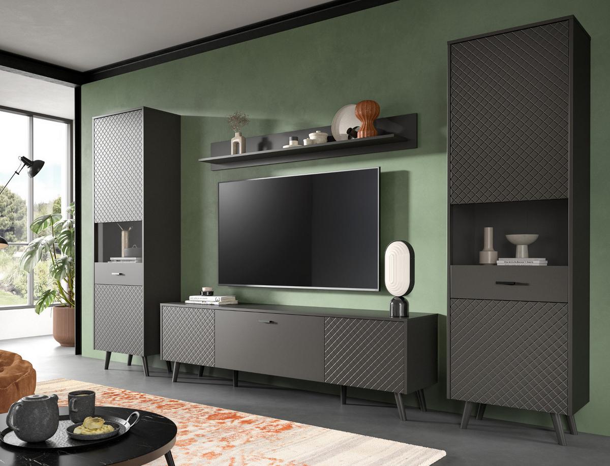 WOHNWAND grau matt 4-teilig 331 cm, Schrankwand mit Struktur - Schwarz/Grau, Glas/Holzwerkstoff (331/195/40cm) - Inn.Furn